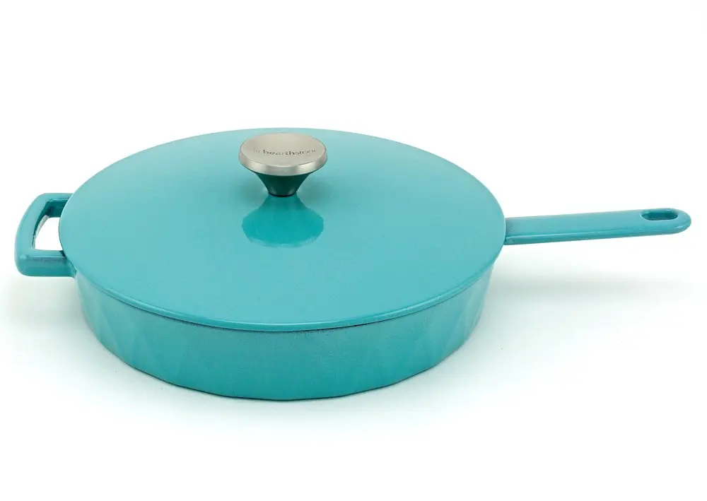 Diamond Cast Iron Enameled Frying Pan with Lid, Turquoise, 26 cm.