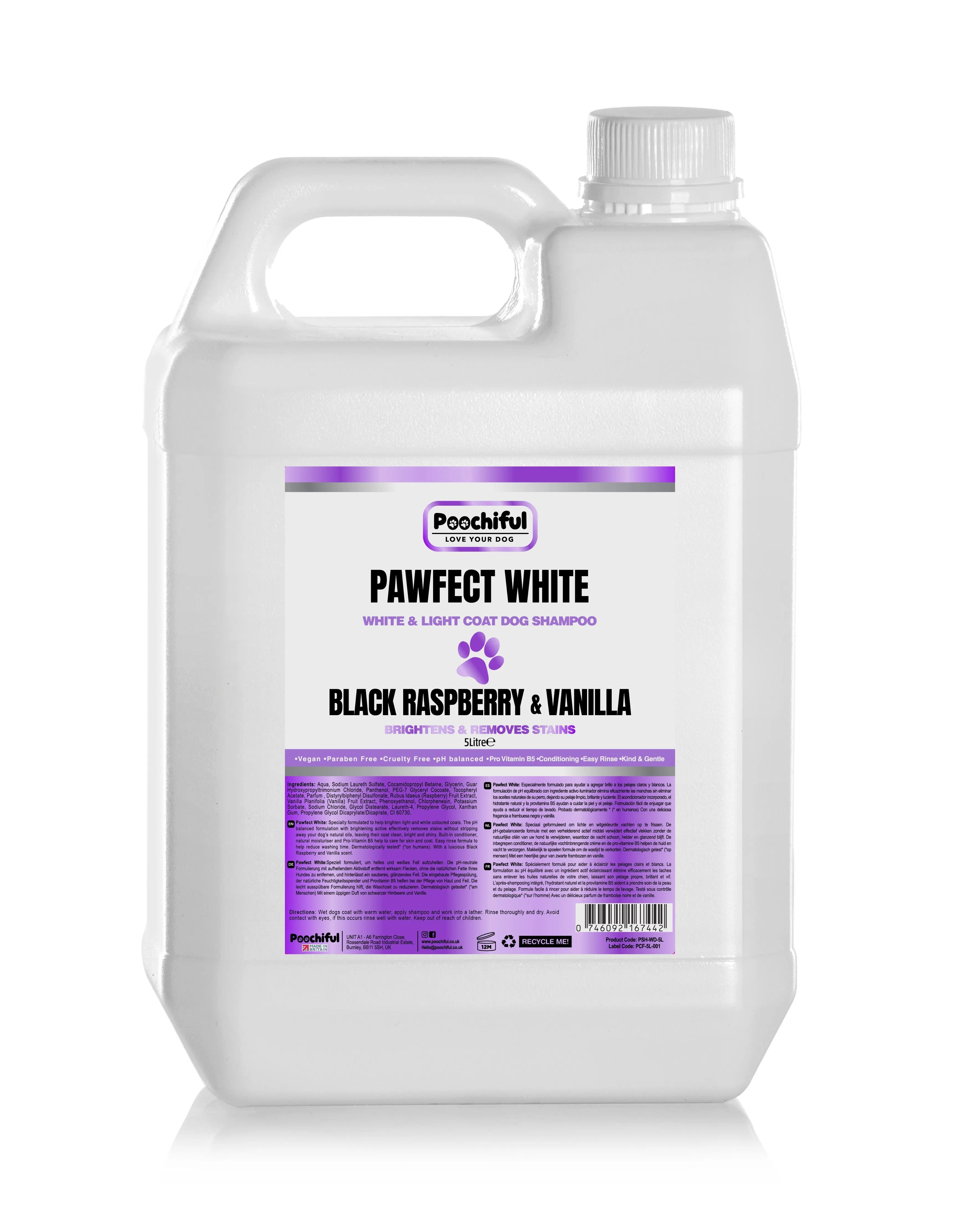 Poochiful Pawfect White Dog - Champú para perros blanco y ligero 5 litros
