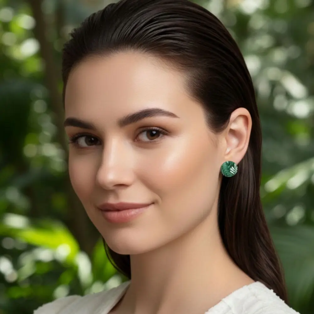 Stud earrings in wood and resin paper emerald green tropical foliage plant