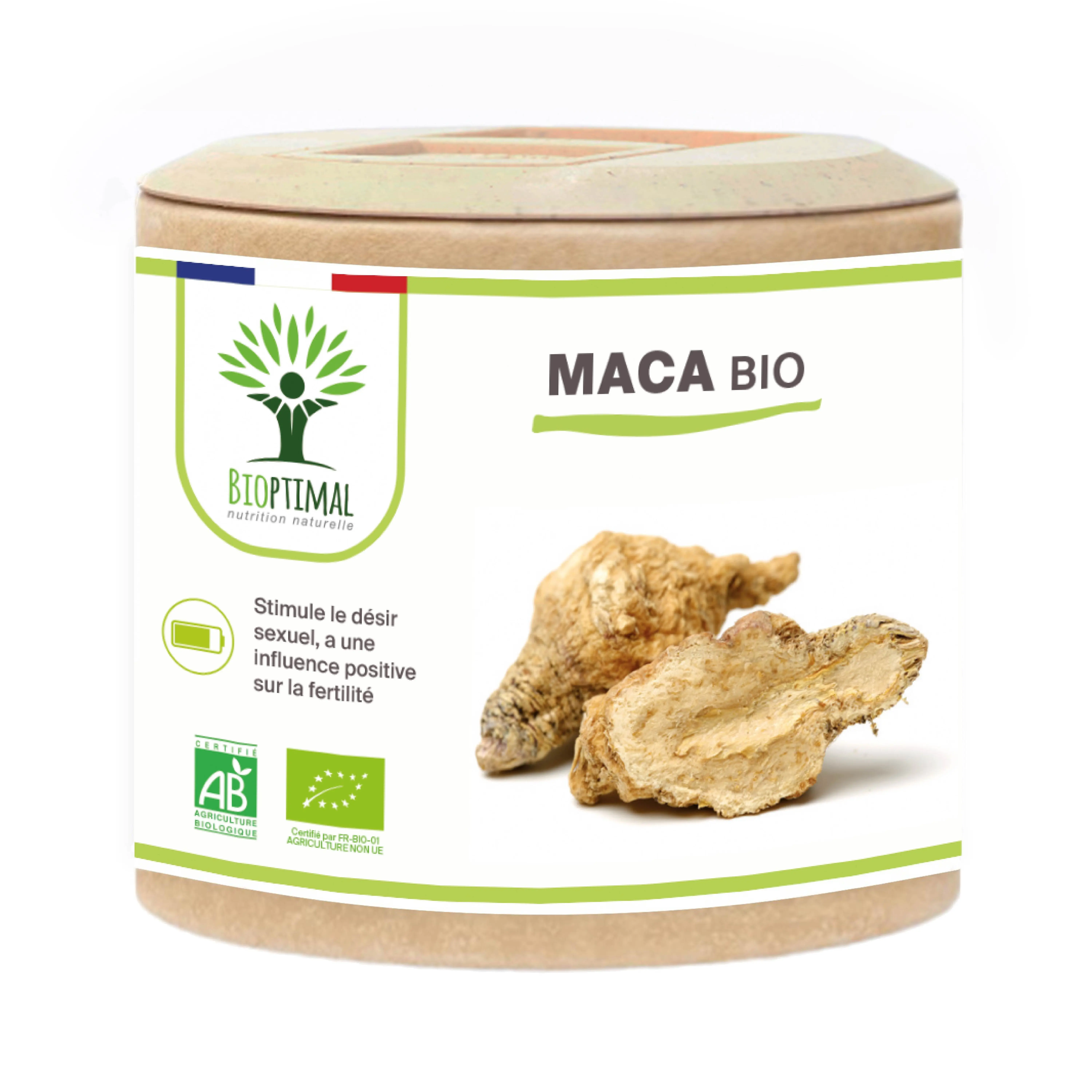 Maca Bio - Complément alimentaire - Énergie Aphrodisiaque Fertilité - 100% Racine de maca en poudre - Origine Pérou - Conditionné en France - Certifié Ecocert - Vegan - gélules