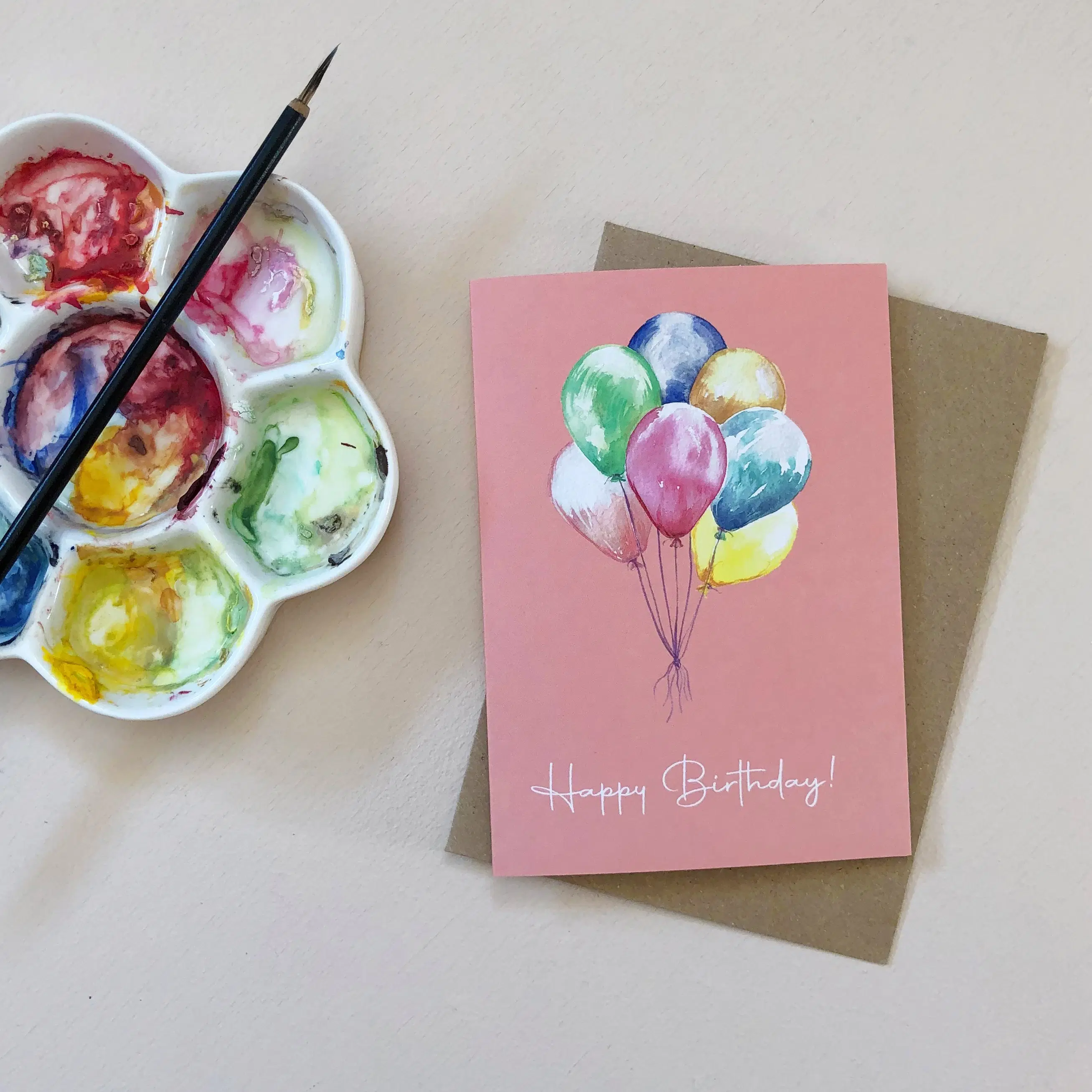 Balloons Watercolour Birthday Card with Envelope, Folded Card, A6 Size