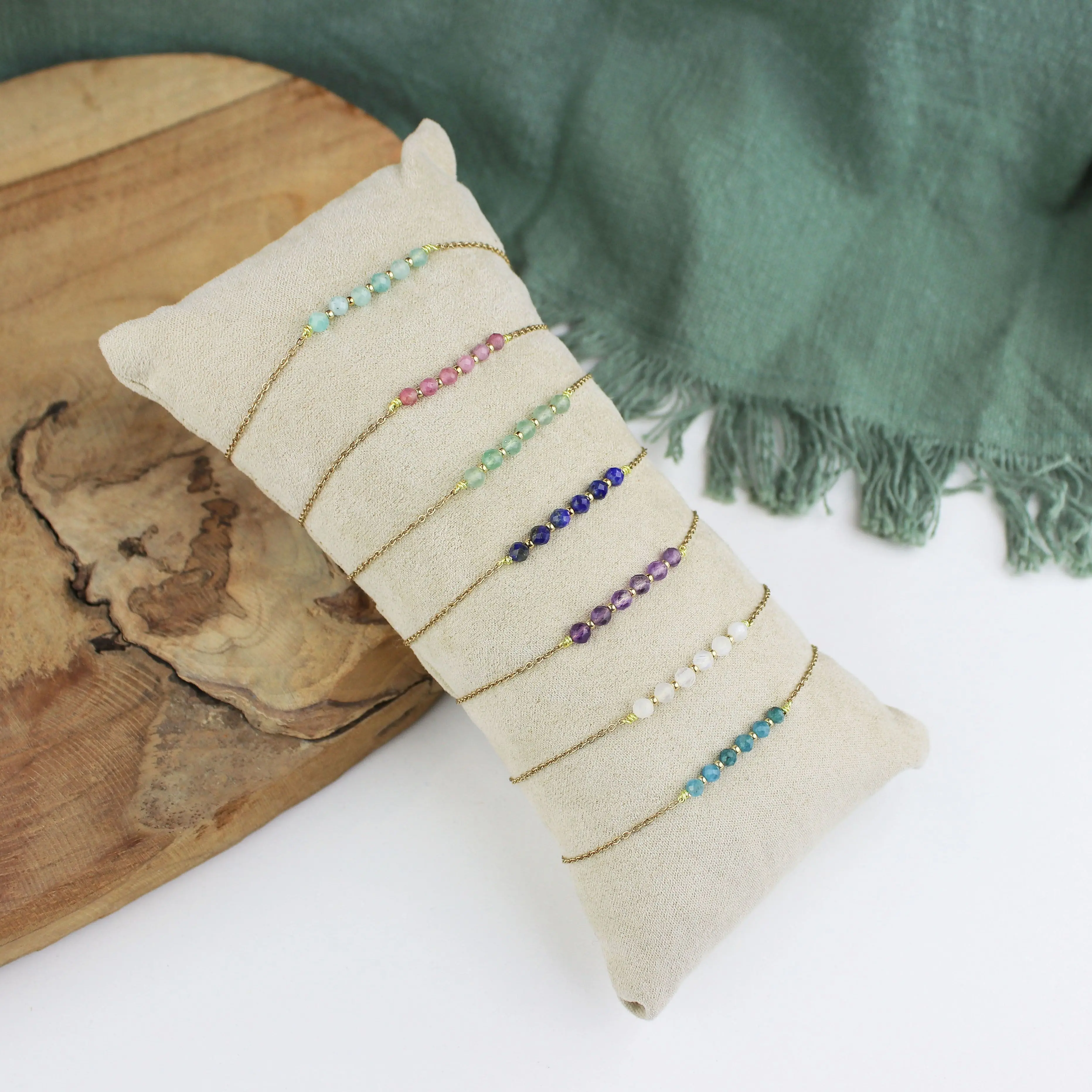 Set of 7 bracelets in stainless steel and natural stones - Free display - Mother's Day gift idea
