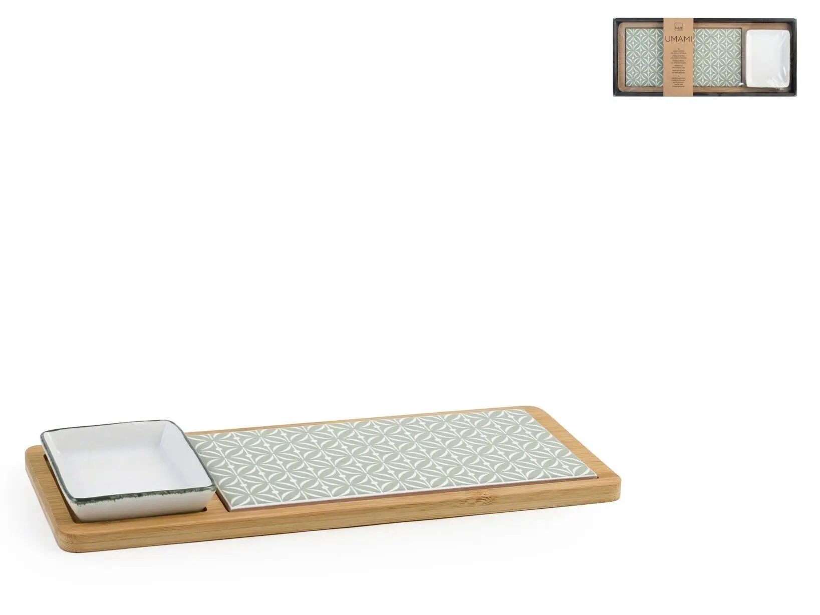 Bamboo cutting board with decorated stoneware insert and a white porcelain bowl 12x30 cm.