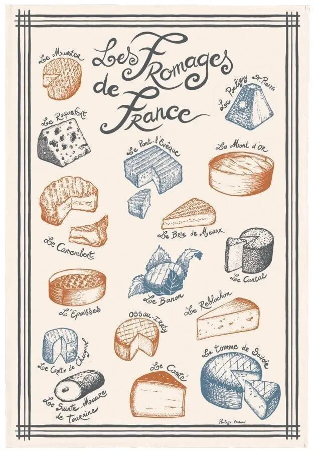 Tea Towel Printed French Cheeses Ecru 48 x 72
