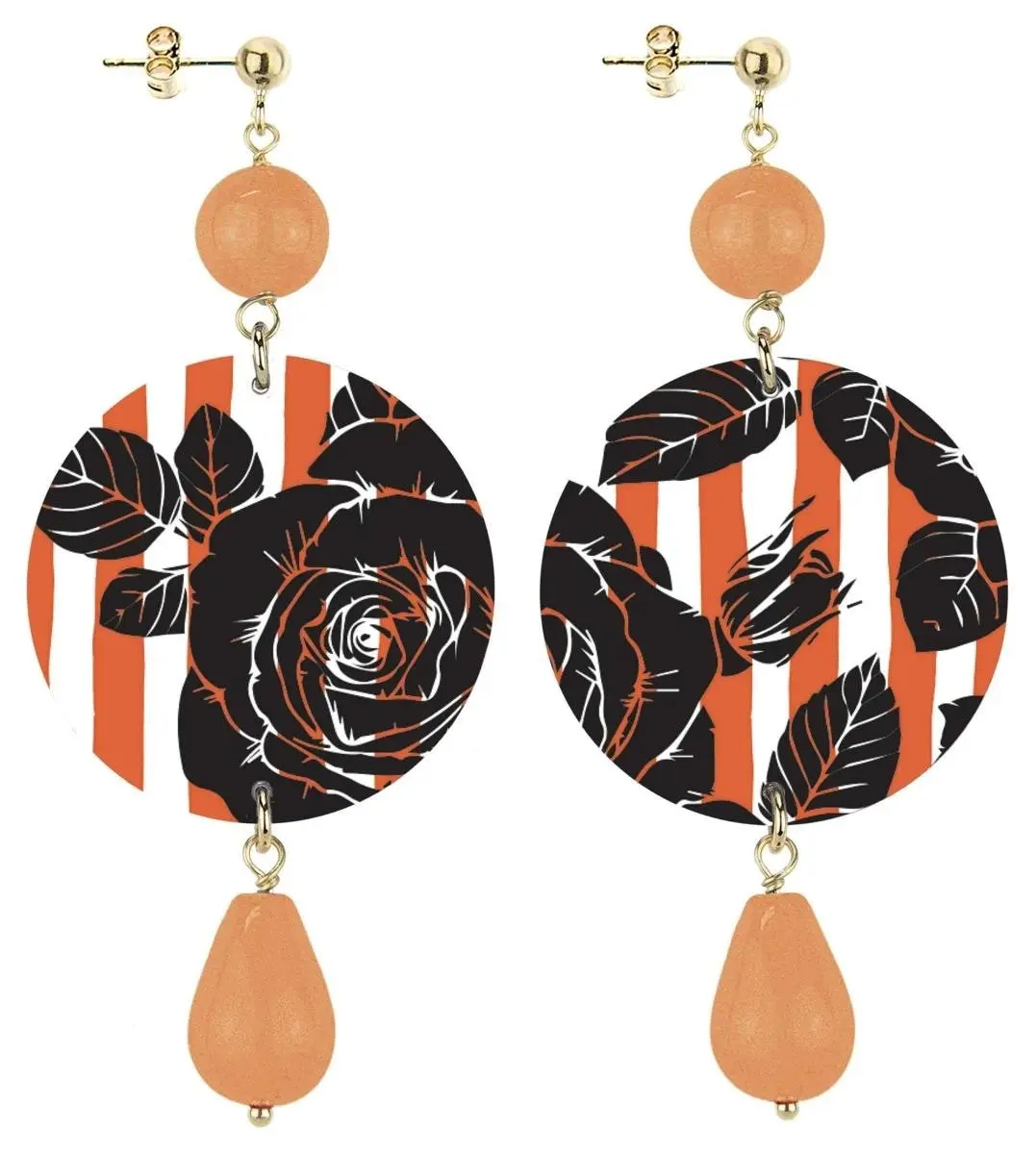 Celebrate spring with flower-inspired jewelry. The Circle Women's Earrings Classic Black Flower Background Orange and White Lines. Made in Italy