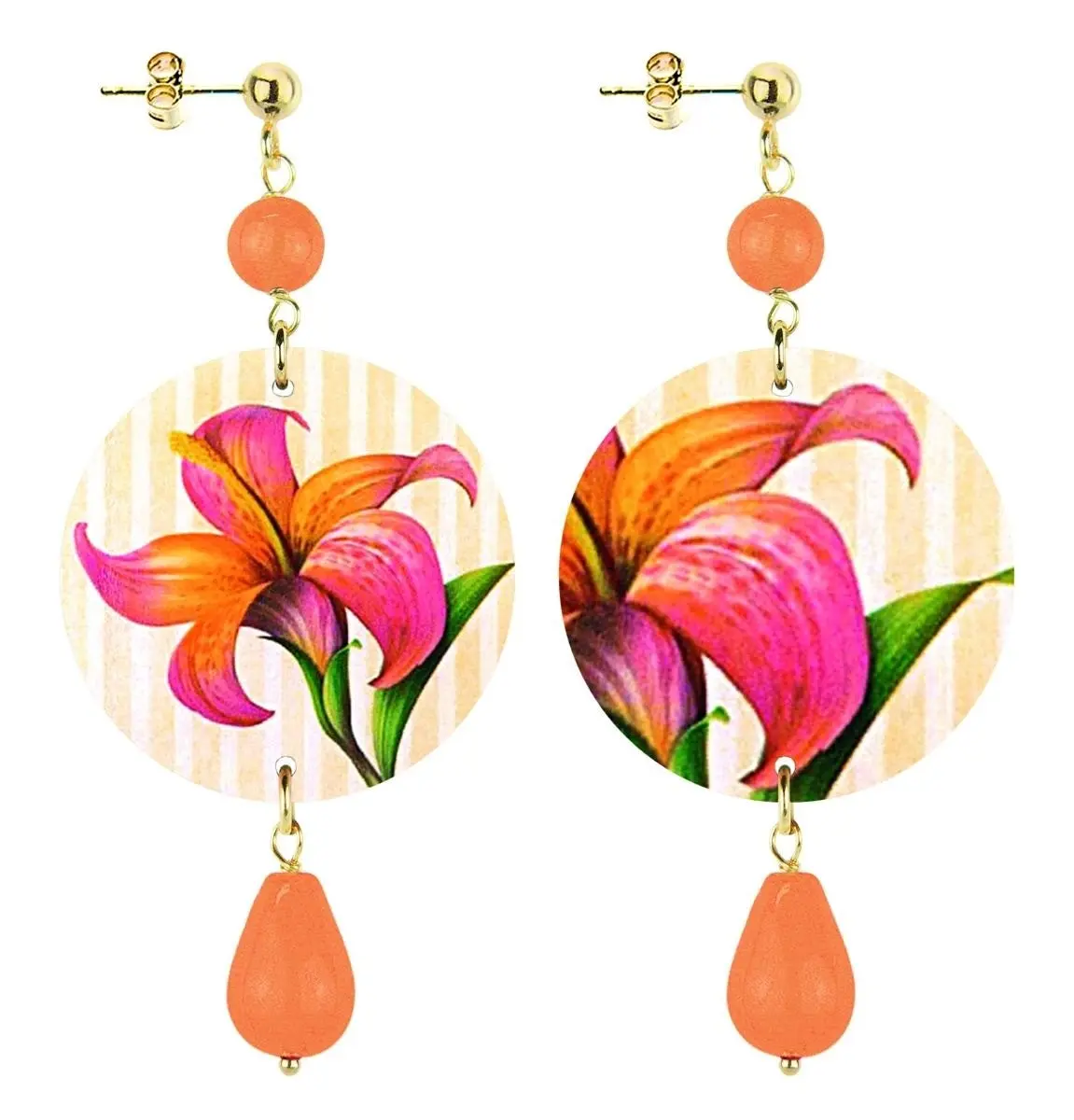 Celebrate spring with flower-inspired jewelry. Women's Earrings The Circle Small Orange Flower Lines Background. Made in Italy