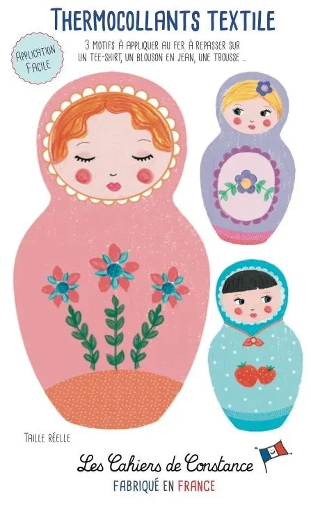 Textile iron-on sticker - "Matriochkas pink purple blue"