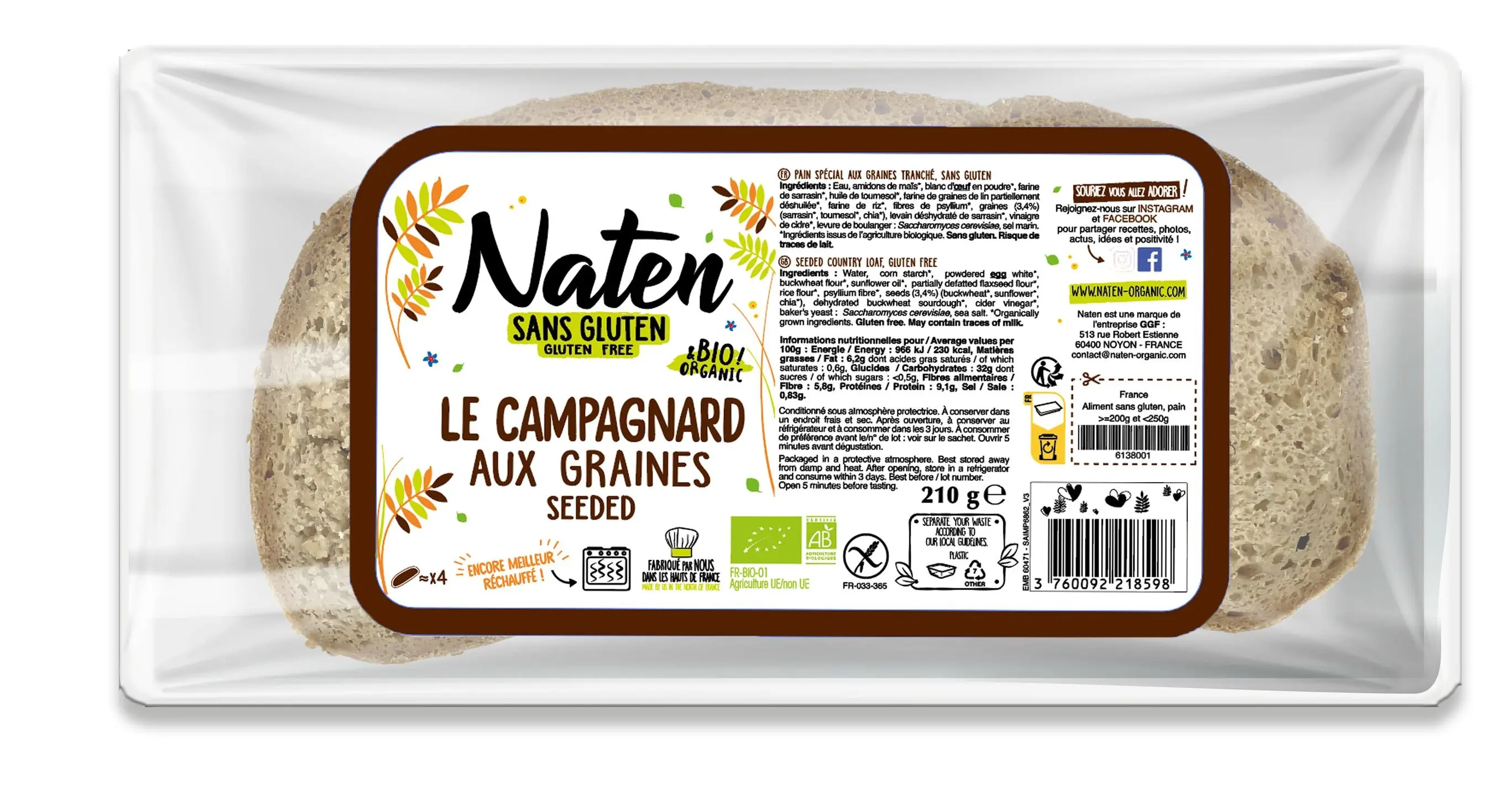 Country bread with gluten-free seeds 210g Naten