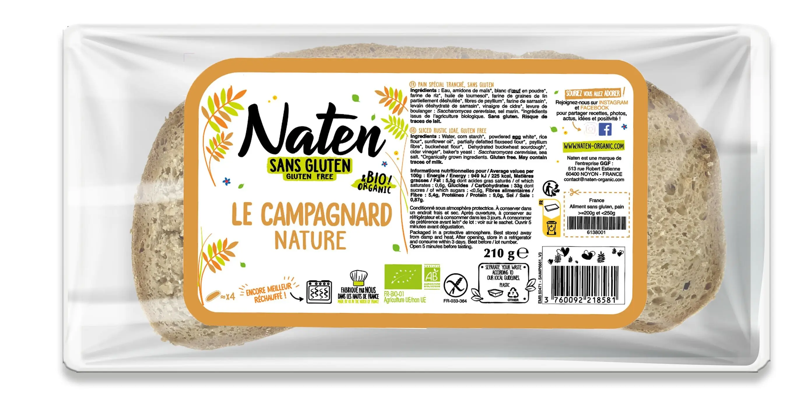 Naten gluten-free plain country bread 210g