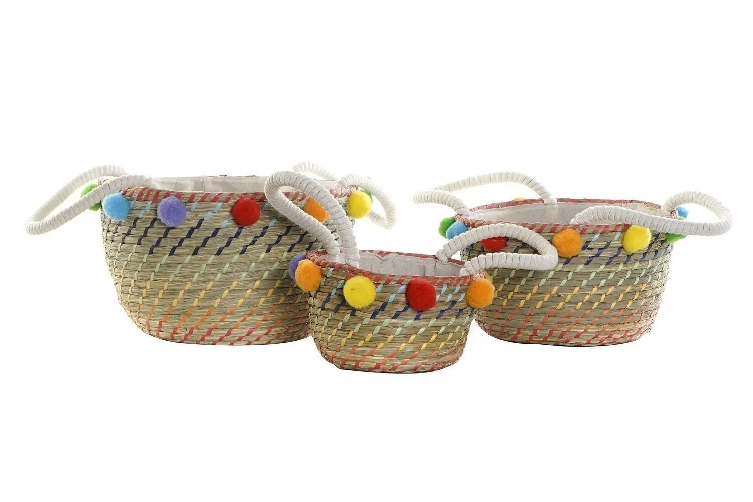 CESTA SET 3 SEAGRASS POLIESTER 57X45X42,5 POMPONES DC196197