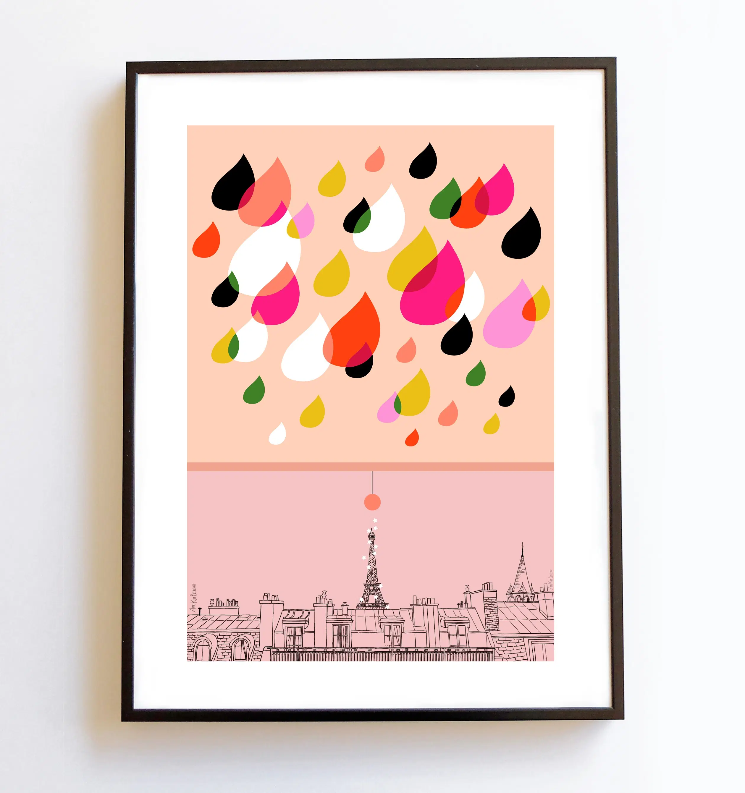 Parisian Rain Poster Eiffel Tower Paris Rooftops Pink A3