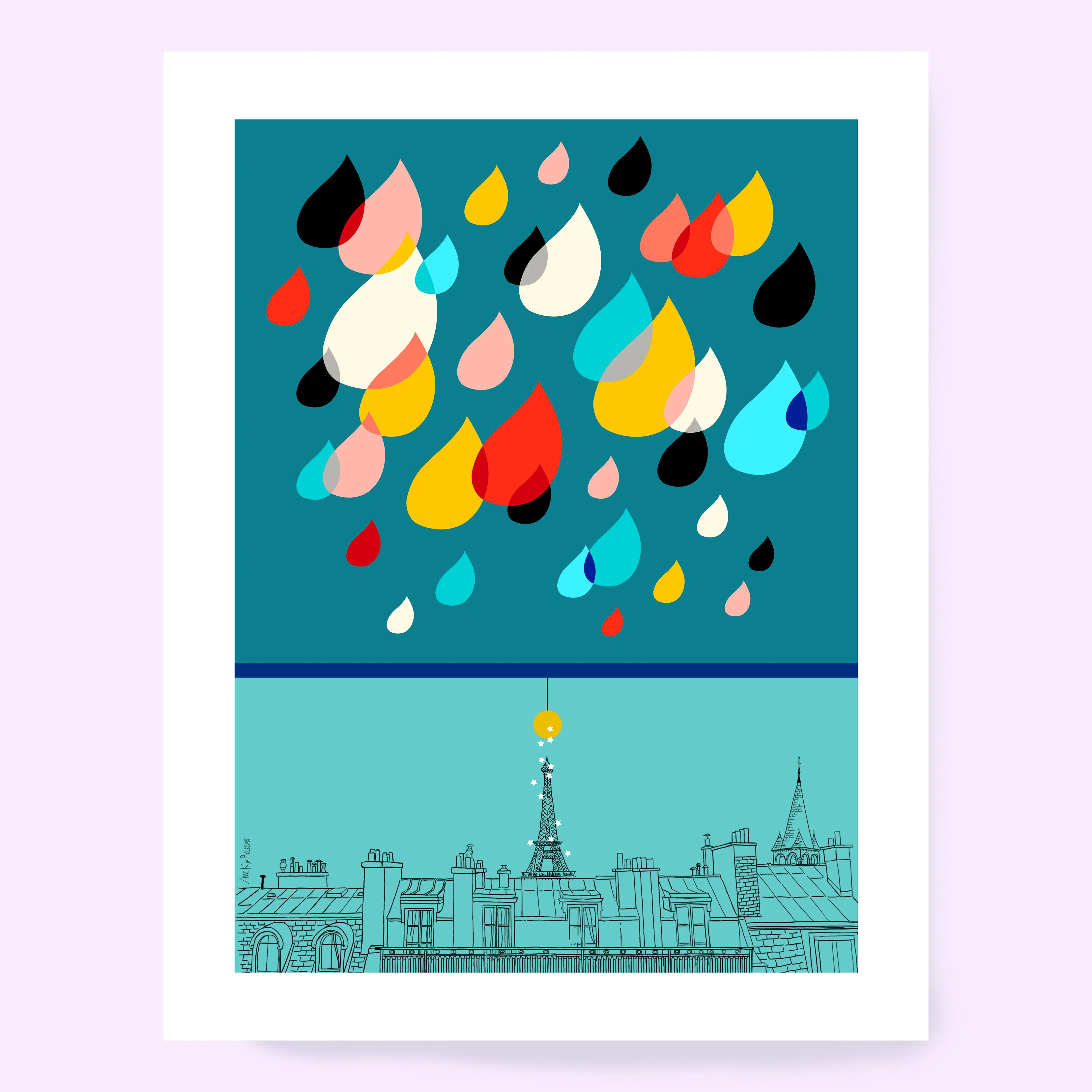 Poster Parisian Rain Eiffel Tower roofs of Paris Blue A4