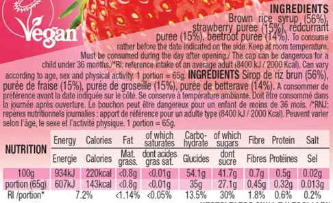 Compote énergétique aux fruits vegan 65g : Fraise - Groseilles - Betterave