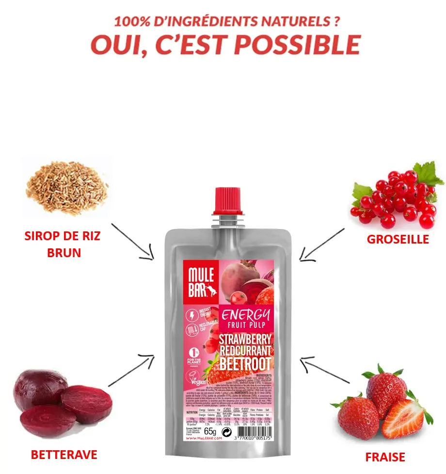 Compote énergétique aux fruits vegan 65g : Fraise - Groseilles - Betterave