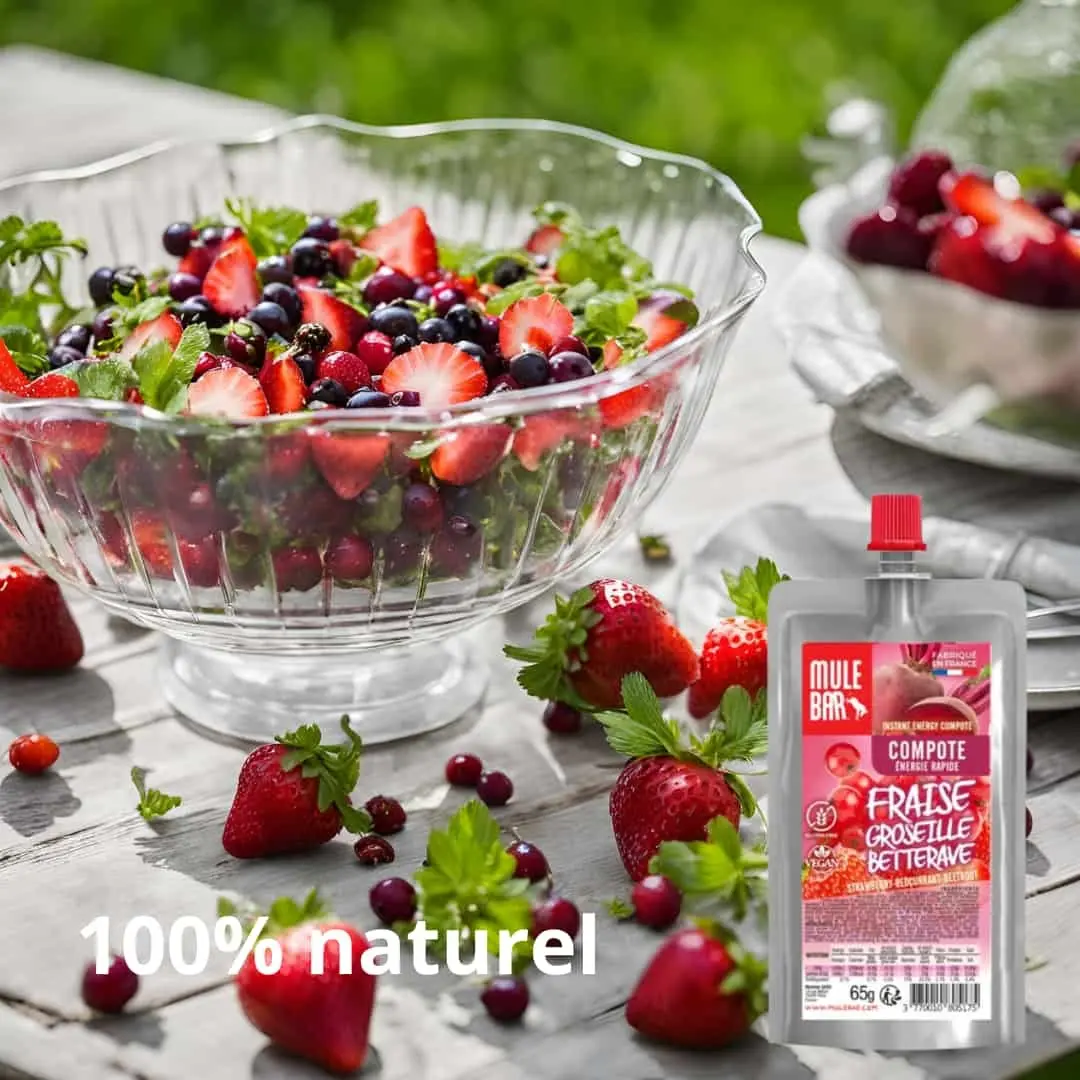 Compote énergétique aux fruits vegan 65g : Fraise - Groseilles - Betterave