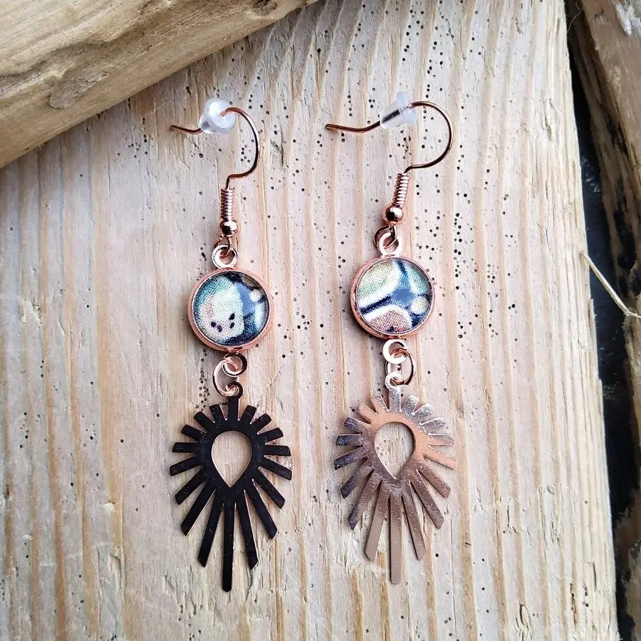 Brown Lilly earrings, Liberty fabric, rose gold metal