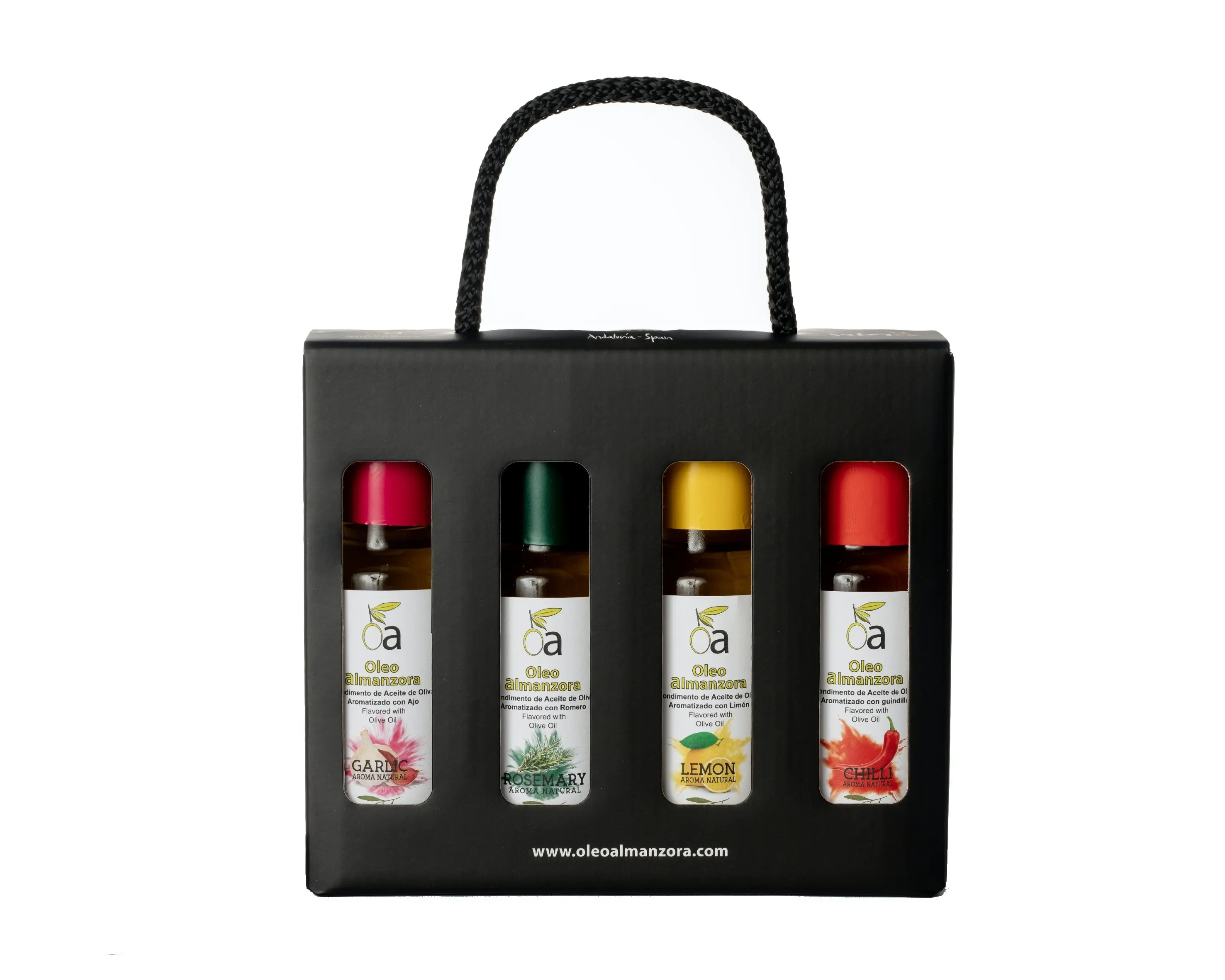 Assortiment de 4 flacons (100 ml) de condiments : ail, citron, romarin, piment fort