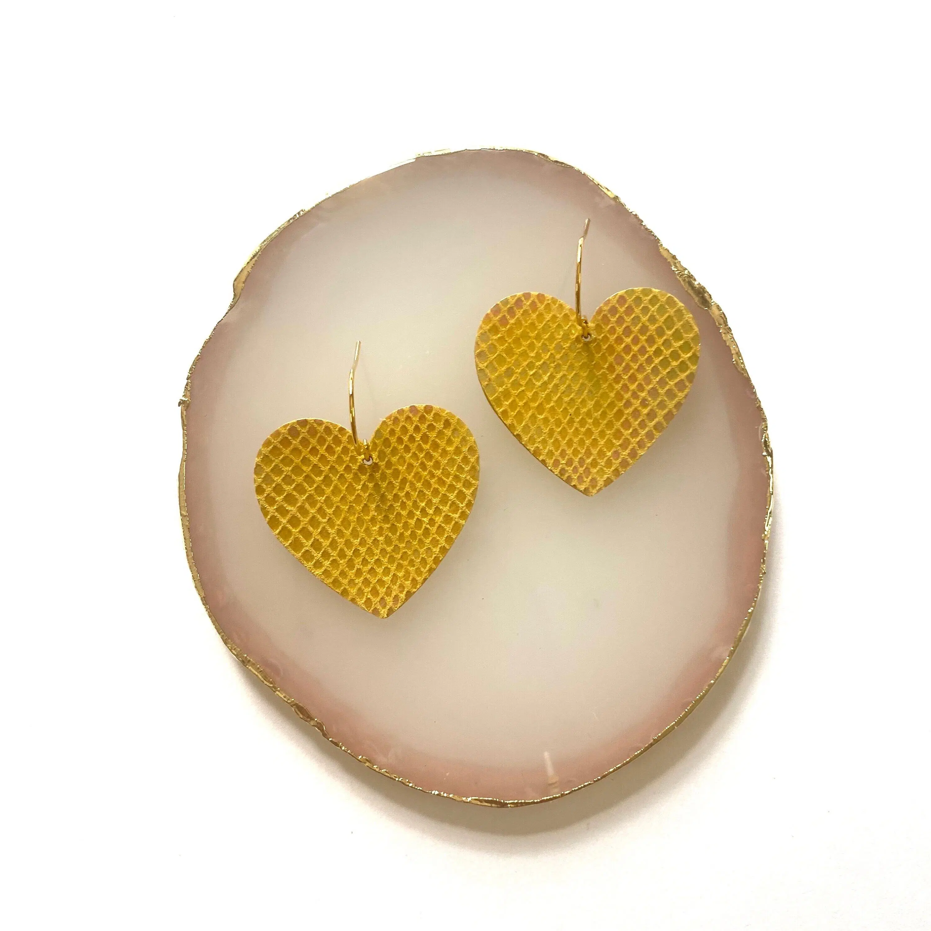 Pastel yellow leather heart earrings - BIG LOVE model
