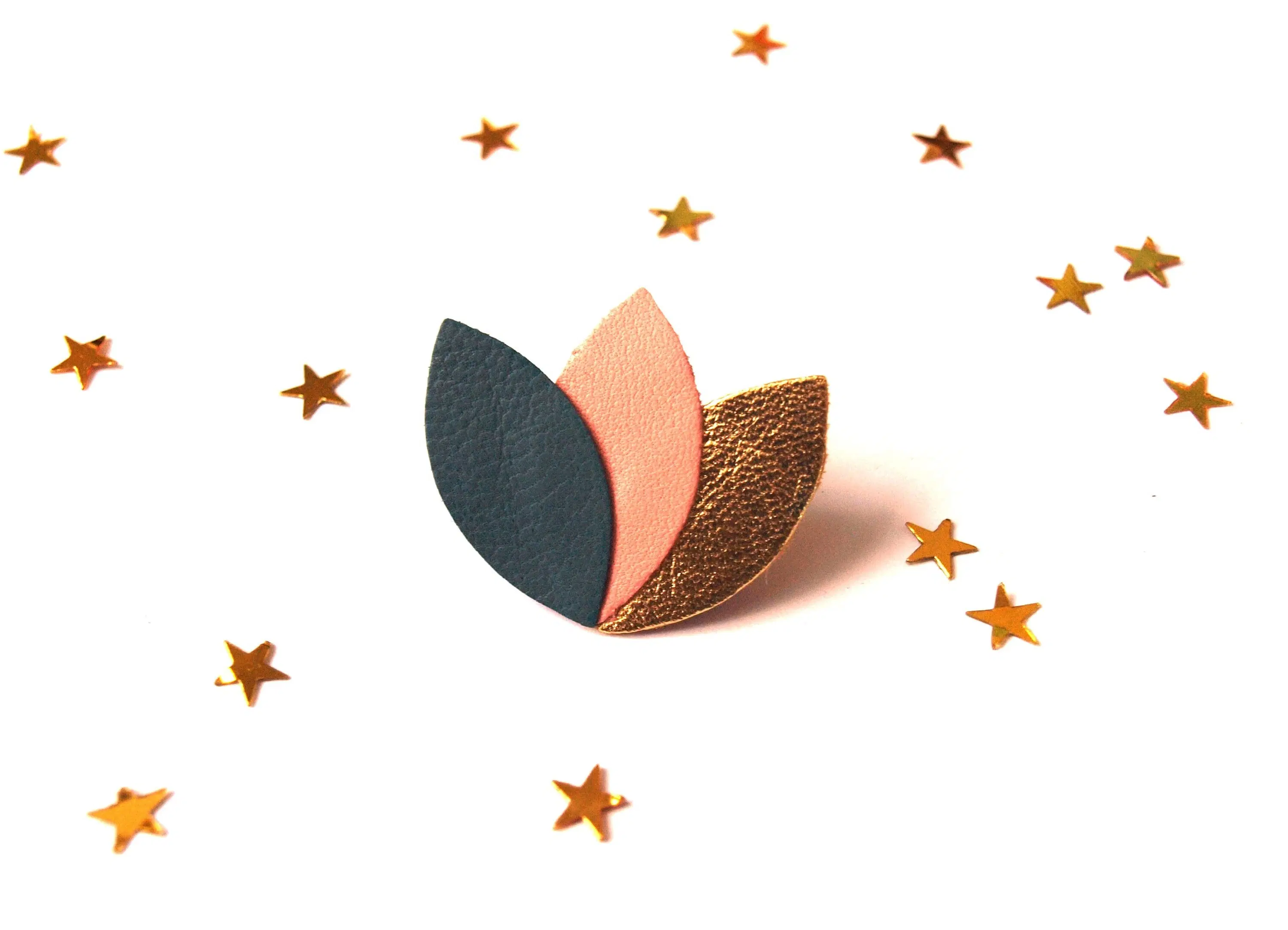 Leather brooch, flower shape, leaves, duck blue, pink and gold leather petals - women's gift - Mother's Day