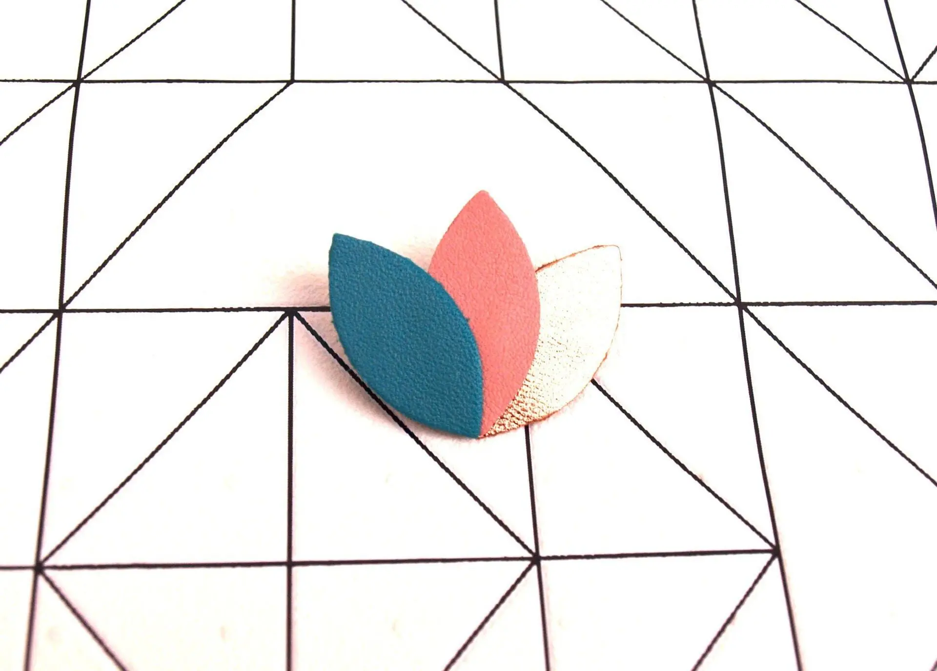 Leather brooch, flower shape, leaves, petals of turquoise, Indian pink and rose gold