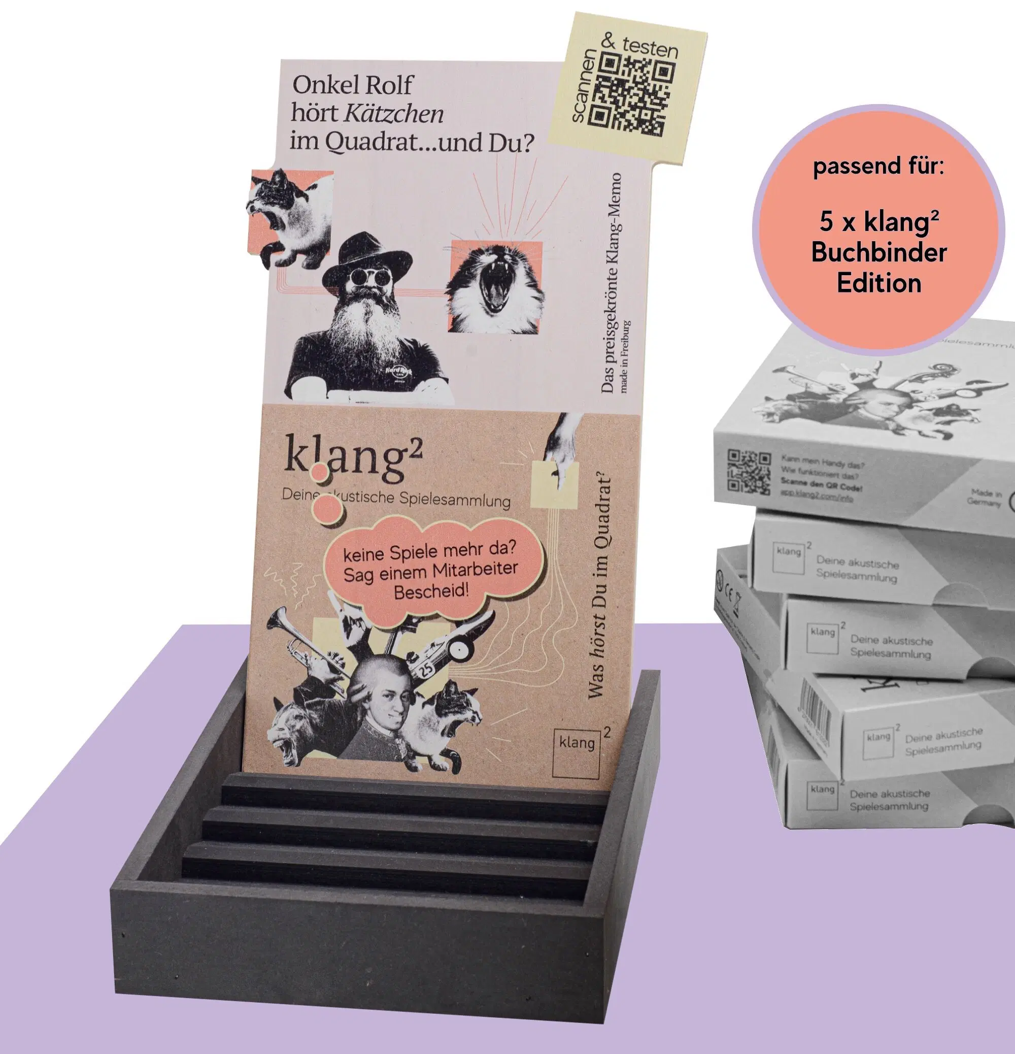 Présentoir de point de vente / présentoir de vente pour votre comptoir de magasin (convient pour 5 x klang² la console de jeu acoustique - Buchbinder Edition ou QR Edition)
