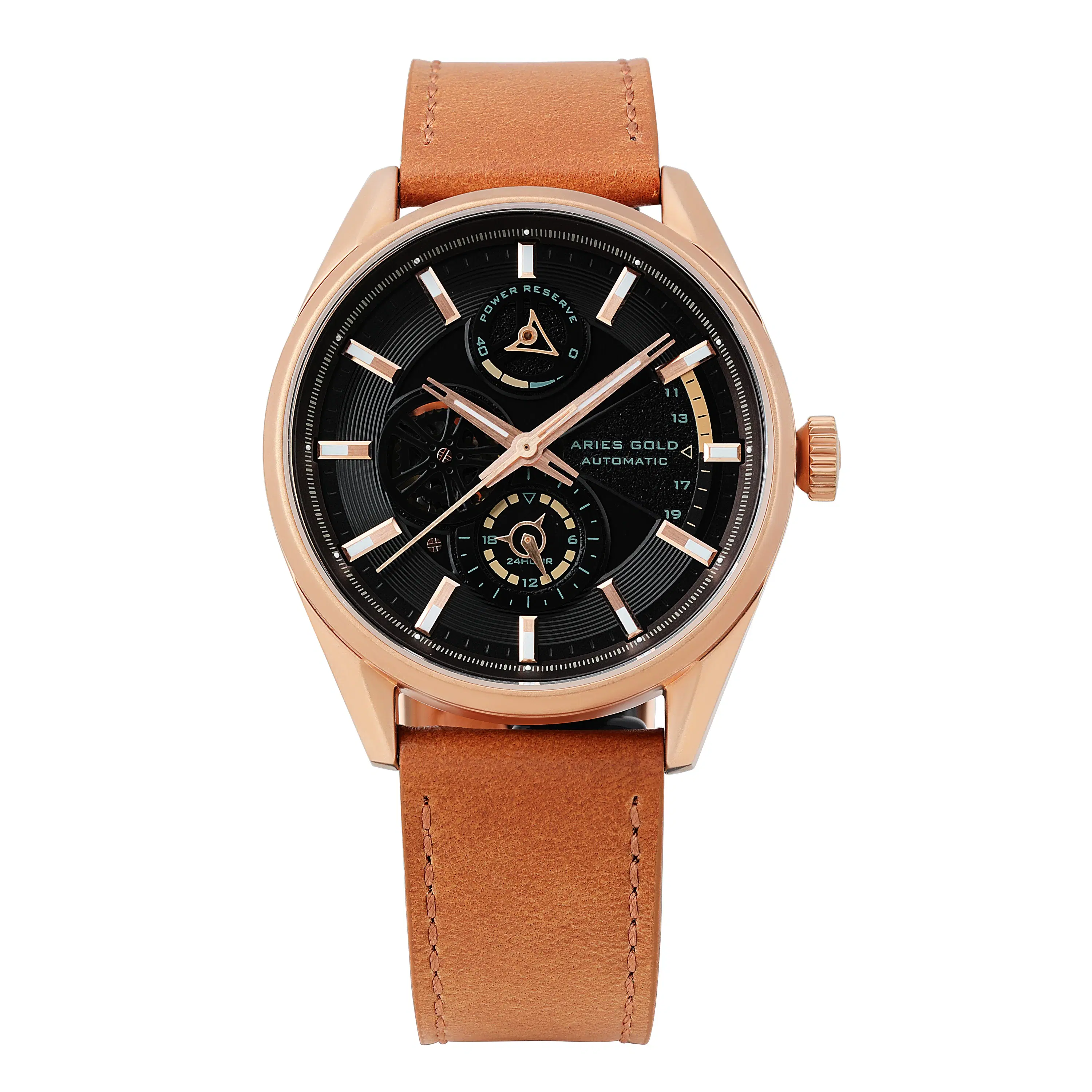 G 9021 RG-BK - Automatik-Herrenuhr mit offener Herzgangreserve Widder Gold - Echtes Lederarmband - Saphirglas