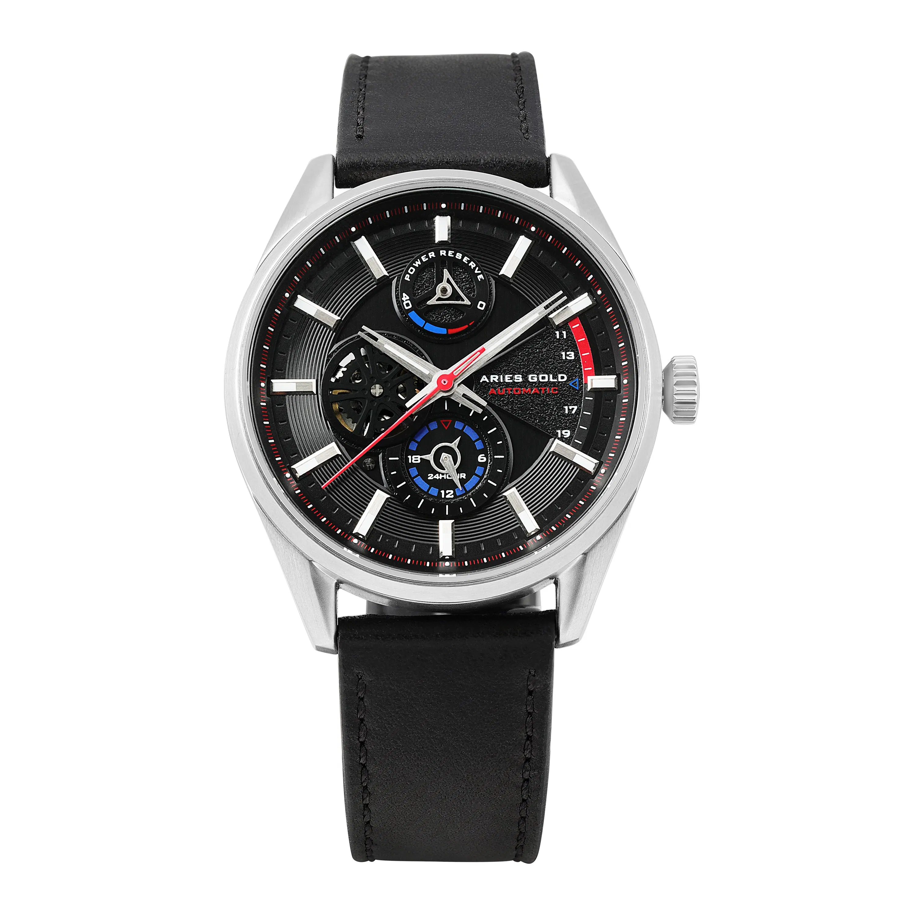 G 9021 S-BK - Automatik-Herrenuhr mit Gangreserve, offenes Herz Widder Gold - Echtes Lederarmband - Saphirglas