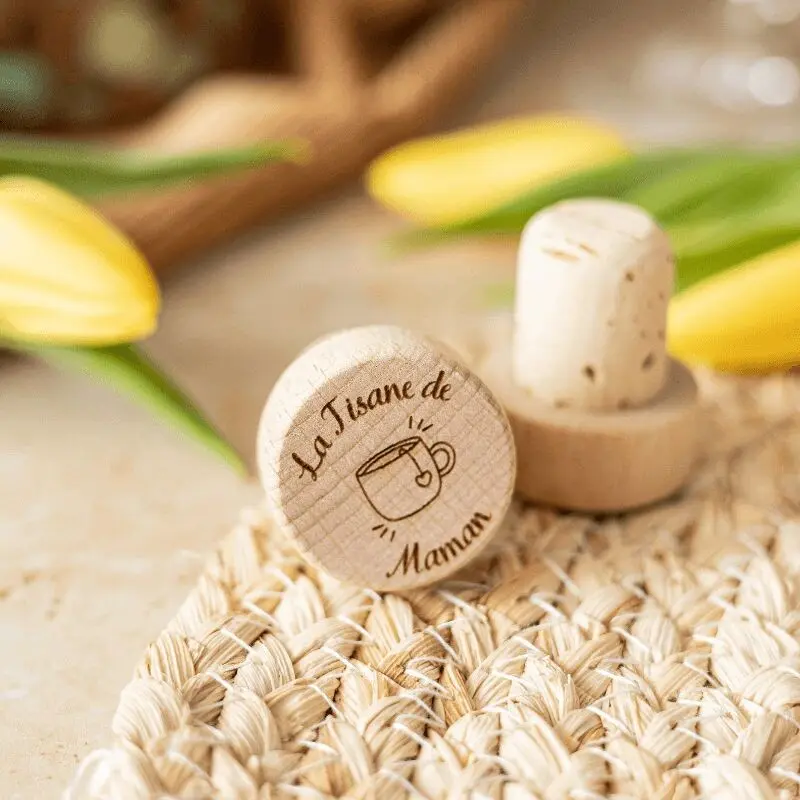 Wine Bottle Stopper "La Tisane de Maman" in cork and wood - My Bambou