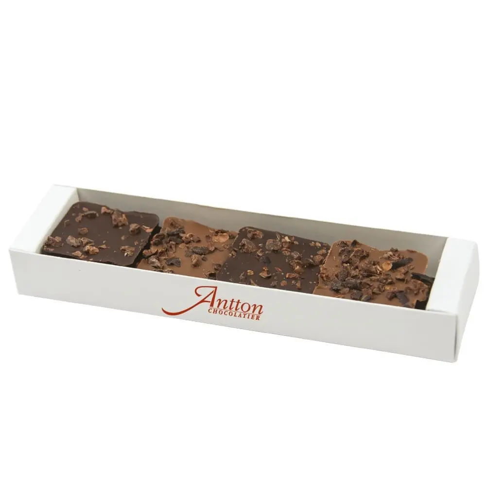 Dark and milk chocolate square case, cocoa bean nibs, 80g