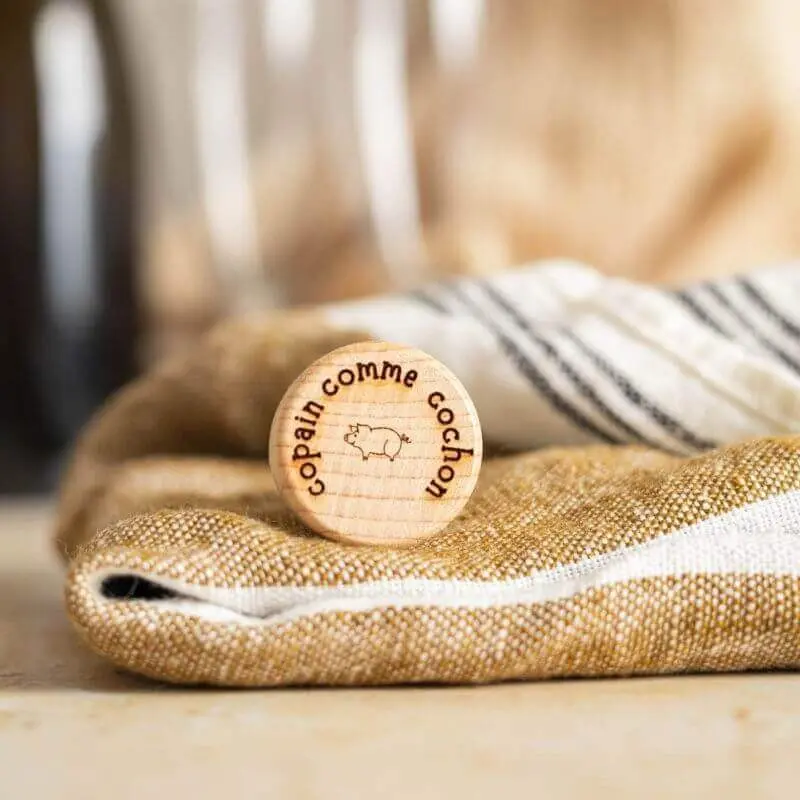 Wine Bottle Stopper "Copain comme Cochon" in cork and wood - My Bambou