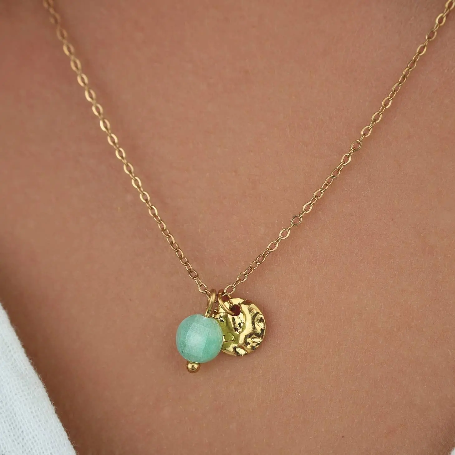 Stainless steel jade and medallion necklace, minimalist jewelry for women