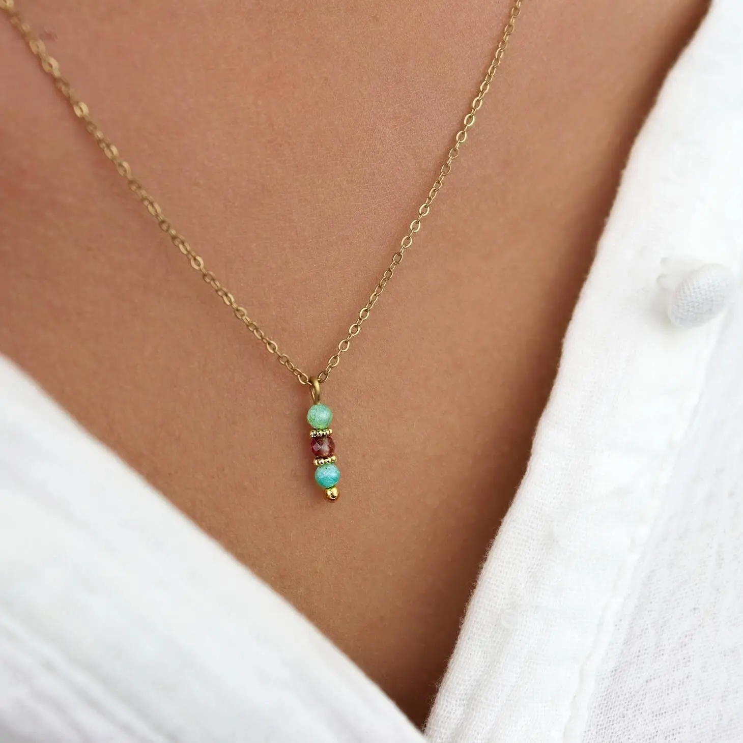 Minimalist natural stone necklace, long steel pendant