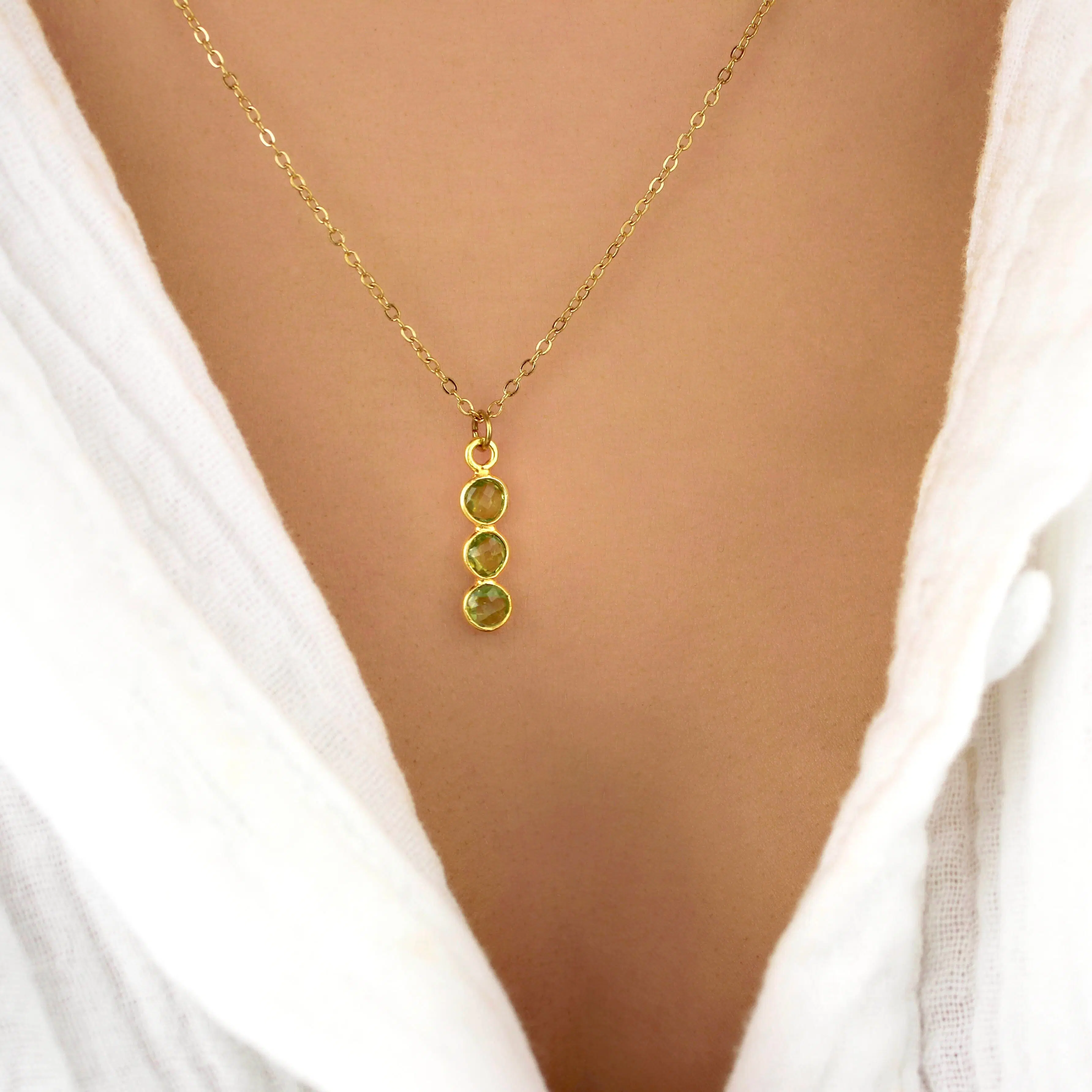 Peridot necklace long pendant three stones