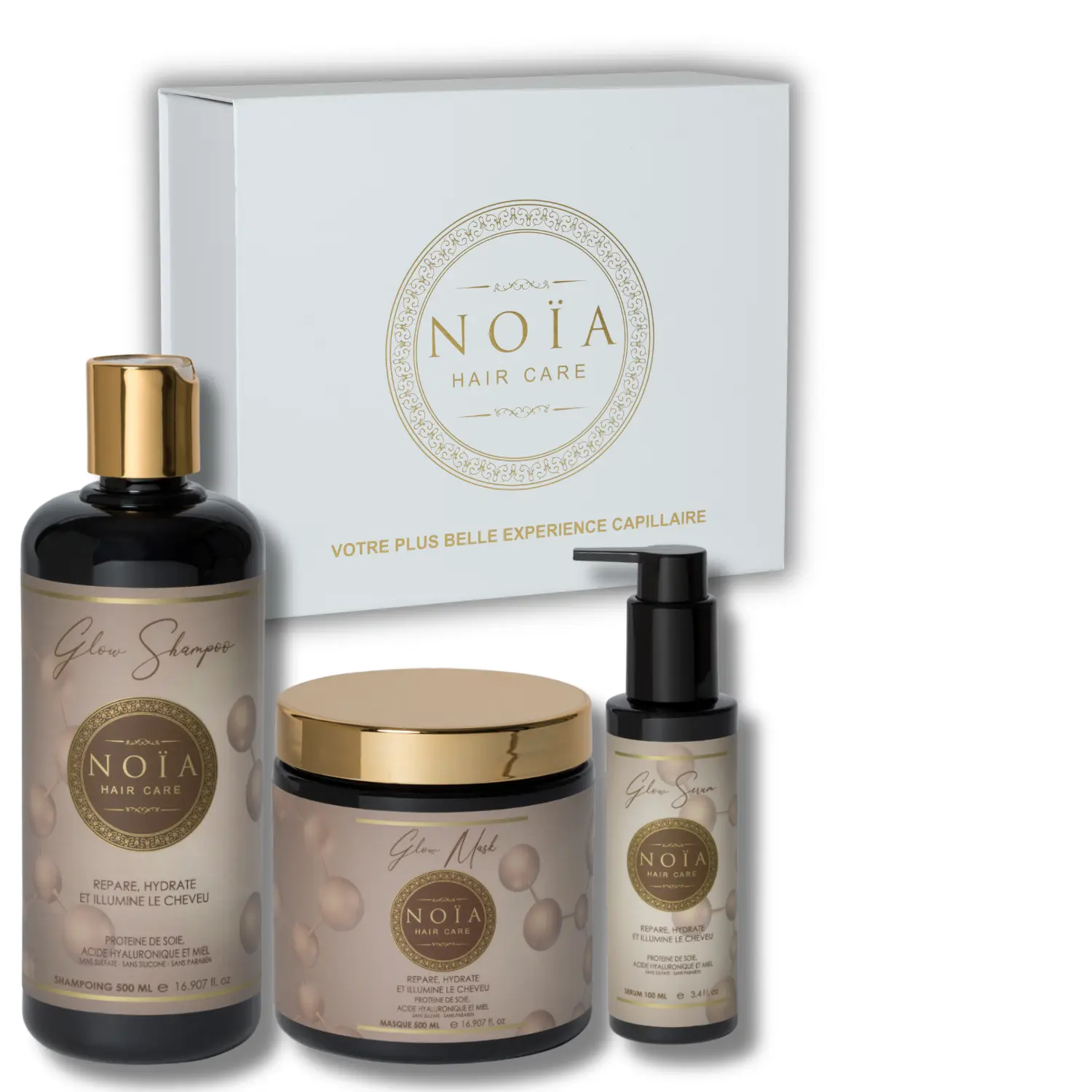 NOÏA Hair Glow Set – Feuchtigkeitsspendende Pflege & Glanzroutine – Shampoo, Maske & Serum