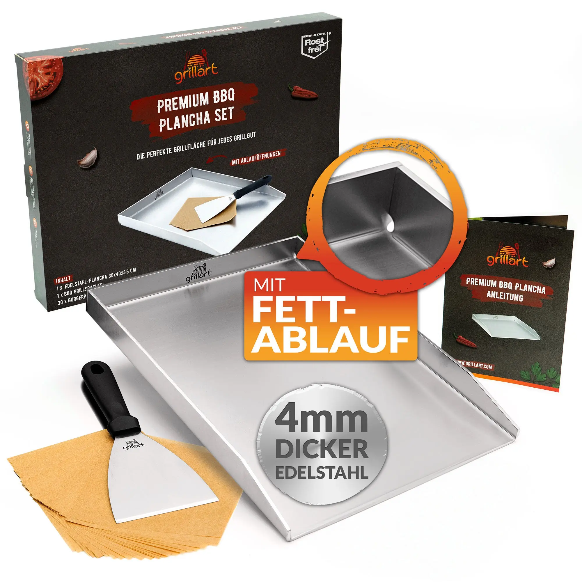 Premium Plancha Grillplatte aus hochwertigem Edelstahl inkl. Grillspachtel und Burgerpapier