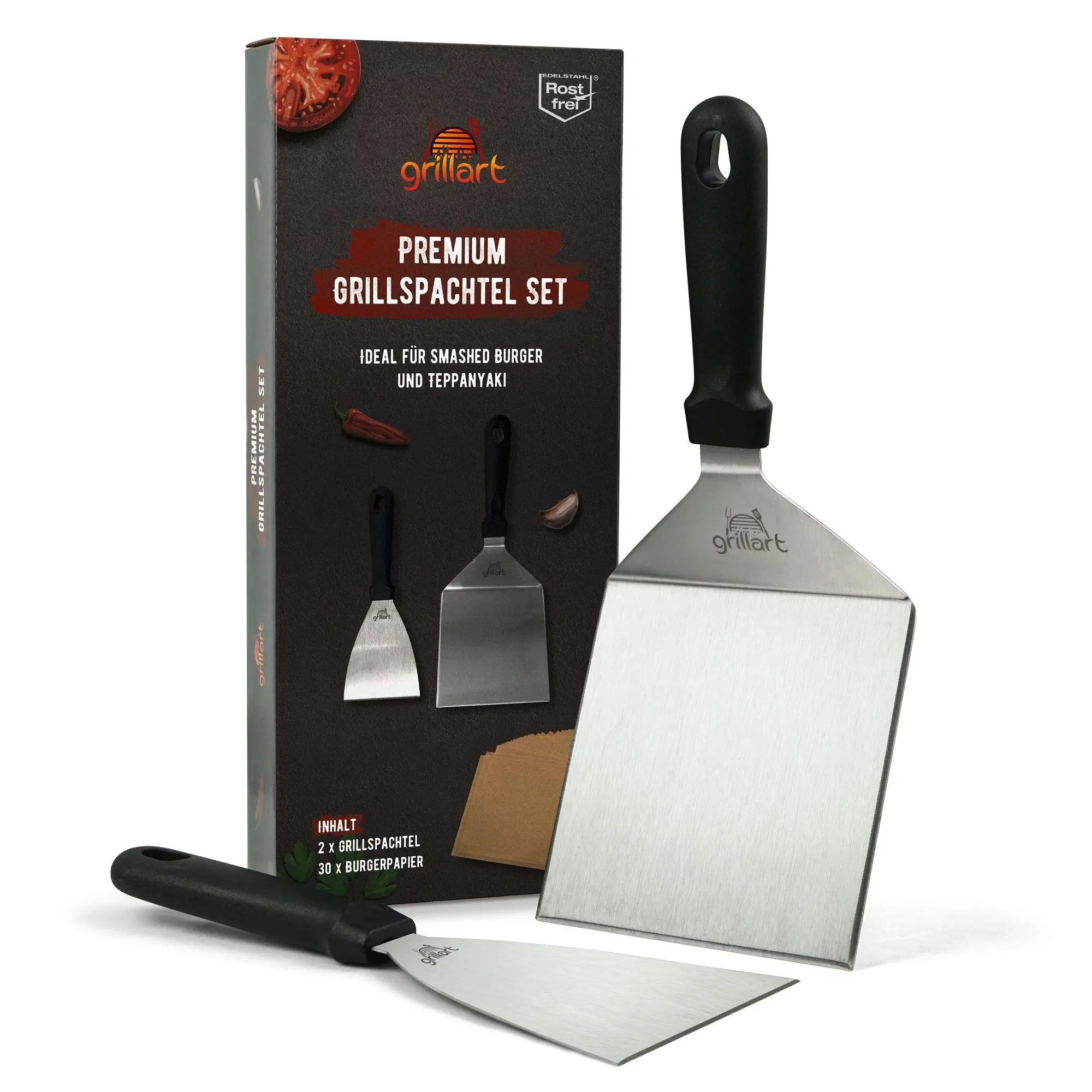 Premium Grillspachtel Set aus hochwertigem Edelstahl für Smashed Burger inkl. 30 Stk Burgerpapier – Grillspachtel für Plancha & Teppanyaki