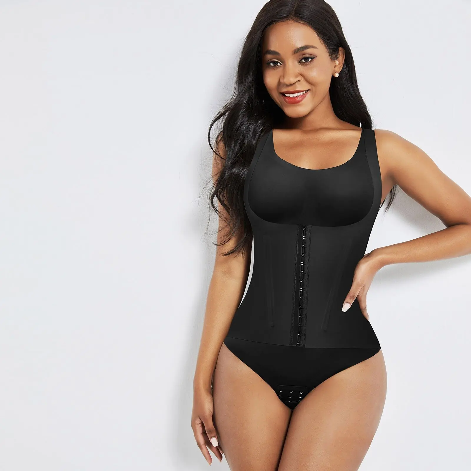 Corsetto modellante 4 in 1 - Vita alta con bottoni per il controllo della pancia e reggiseno imbottito - Nero e color carne
