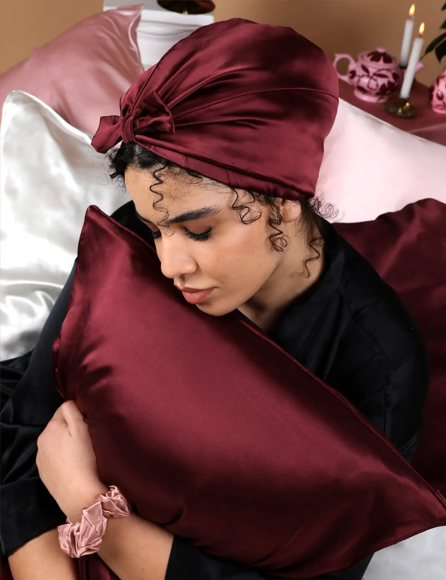 Night turban for hair for peaceful sleep. Burgundy