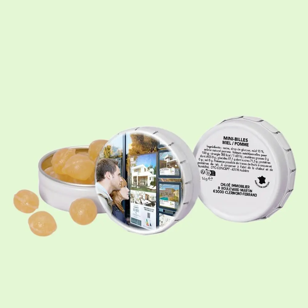 Bonbons Artisanaux | Saveur au choix | Boîtes de bonbons en diamètre 45 mm | Personnalisables en marque blanche