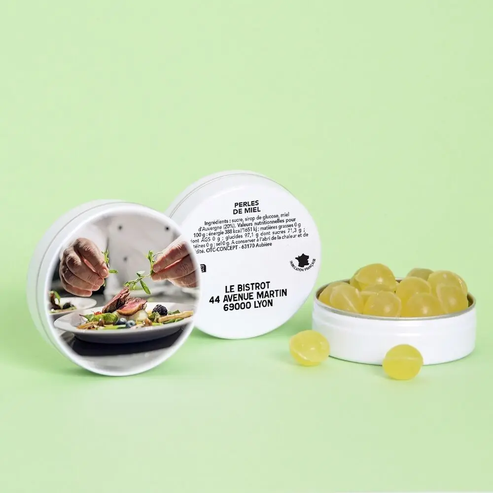Bonbons Artisanaux | Saveur au choix | Boîtes de bonbons en diamètre 50mm | Personnalisables en marque blanche