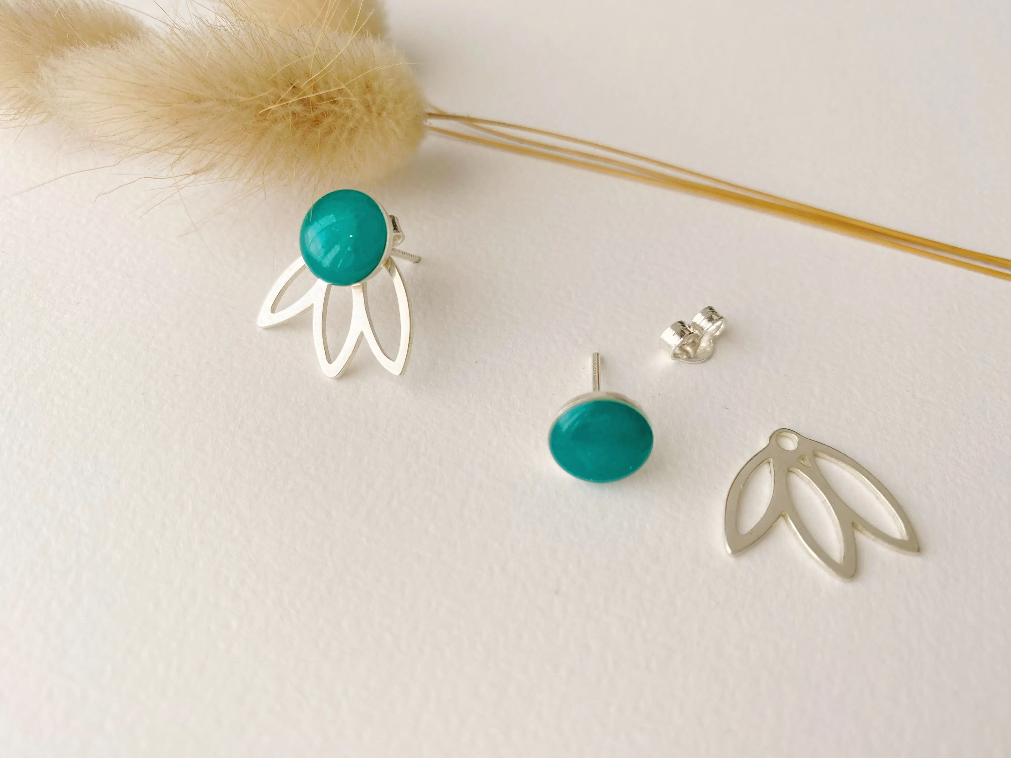 Blue green FLEUR earrings, modular chips, 3 in 1