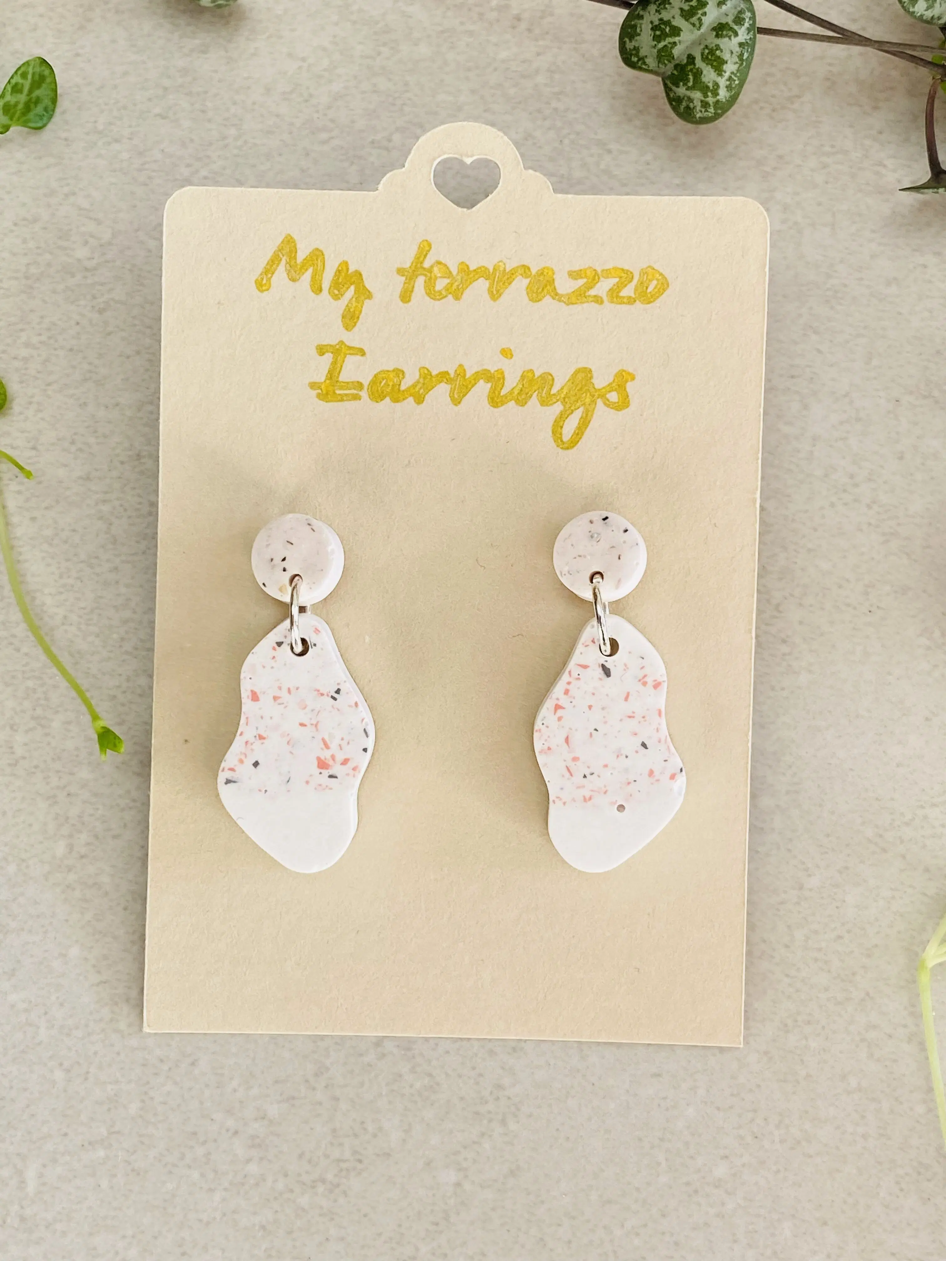 Jesmonite Terrazzo Earrings, Gray Blue, Coral