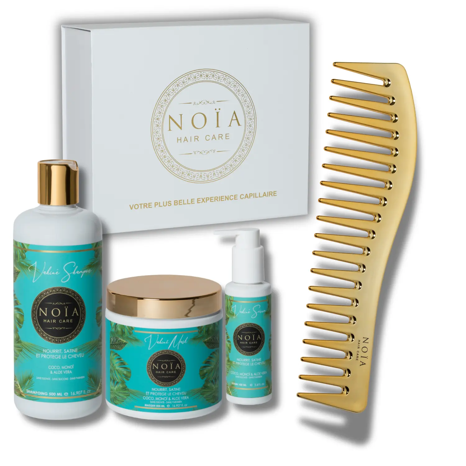 Vahiné NOÏA Haar-Geschenkset – Pflege- und Feuchtigkeitsroutine – Shampoo, Maske, Serum & Reisekamm