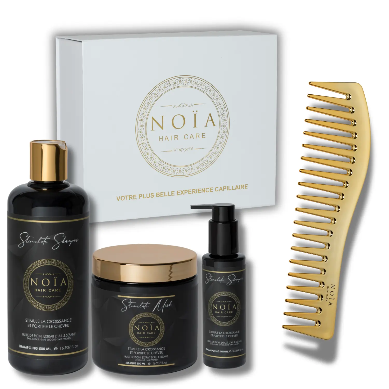 NOÏA Hair Stimulate Set – Kräftigende Pflegeroutine – Shampoo, Maske, Serum & Reisekamm