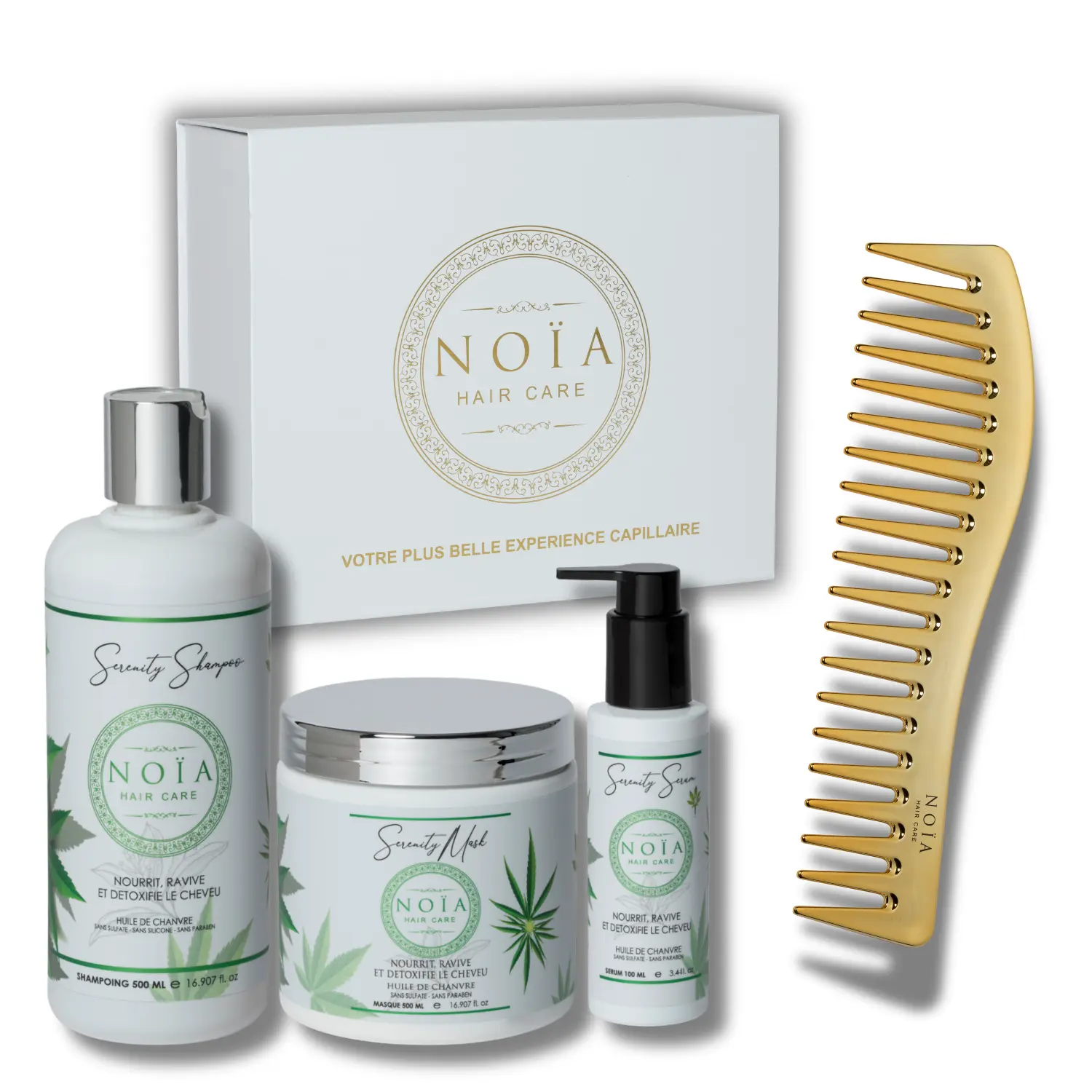NOÏA Hair Serenity Geschenkset – Beruhigende & pflegende Pflegeroutine – Shampoo, Maske, Serum & Reisekamm