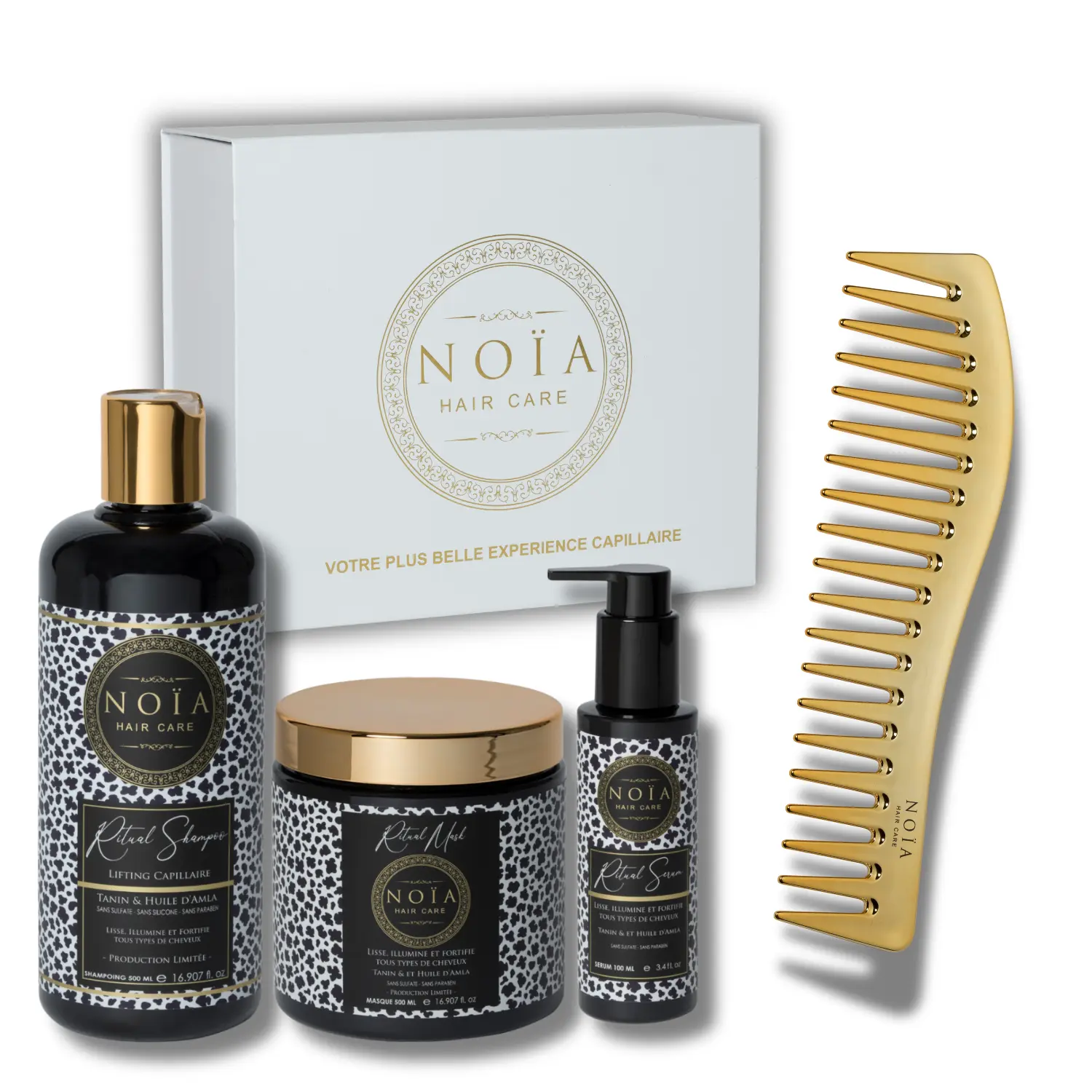 NOÏA Haar-Ritual-Set – Glättungs- und Anti-Frizz-Routine – Shampoo, Maske, Serum & Reisekamm