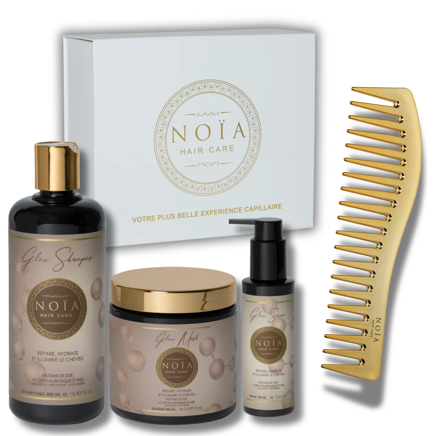 NOÏA Hair Glow Geschenkset – Feuchtigkeitsspendende Pflege & Glanzroutine – Shampoo, Maske, Serum & Reisekamm