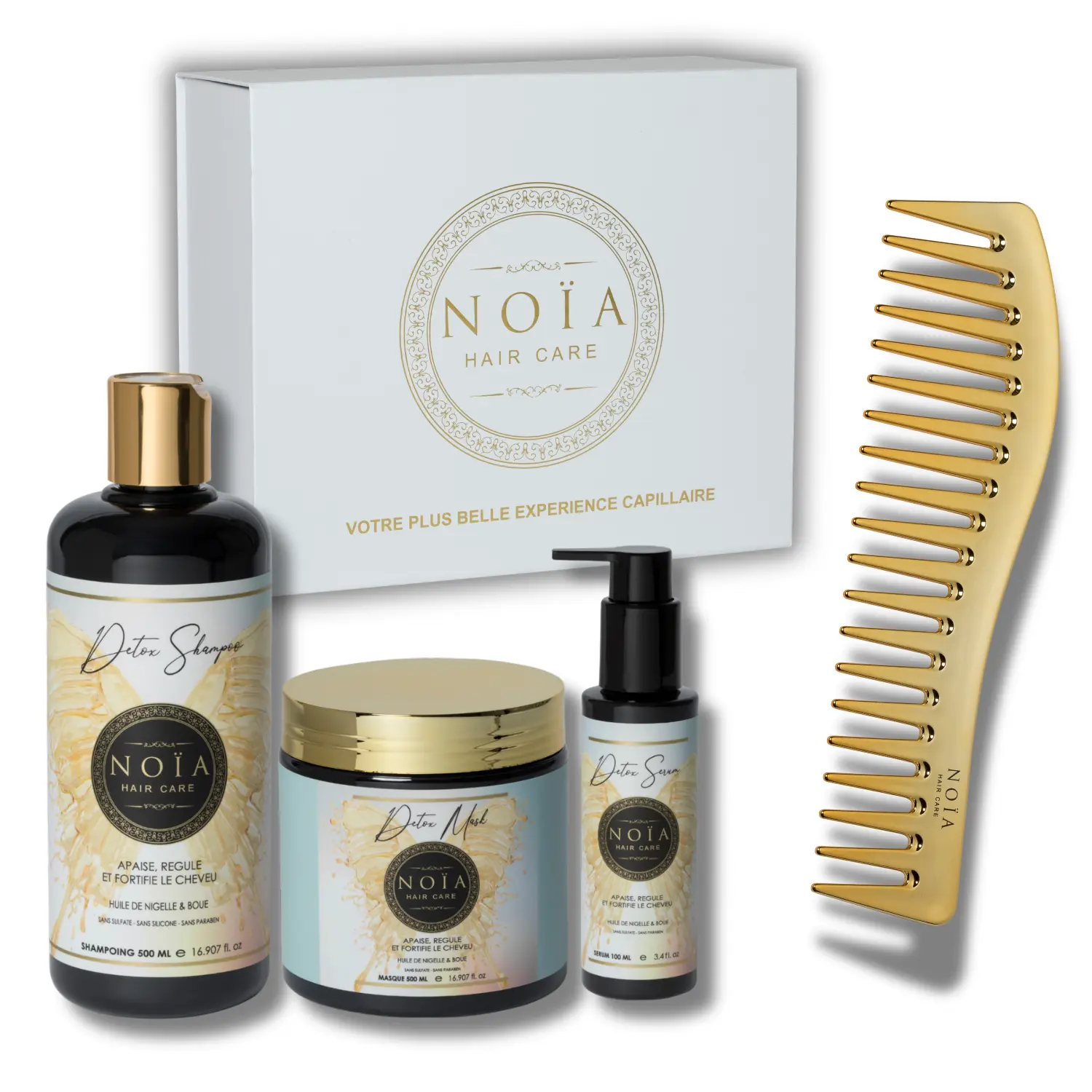 NOÏA Haar-Detox-Set – Reinigende und ausgleichende Pflegeroutine – Shampoo, Maske, Serum & Reisekamm