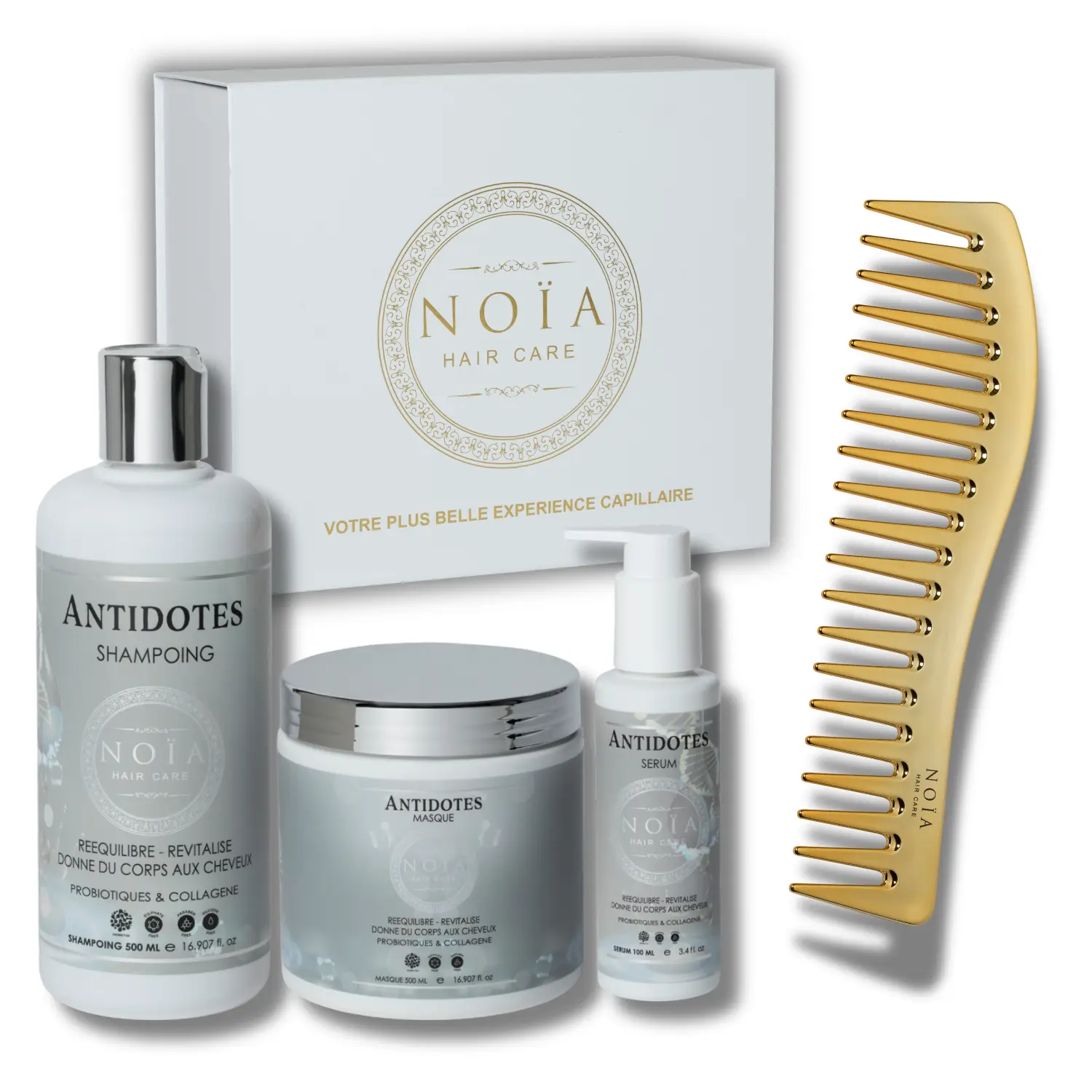 NOÏA Hair Antidotes Set – Ausgleichende und Volumen-Routine – Shampoo, Maske, Serum & Reisekamm