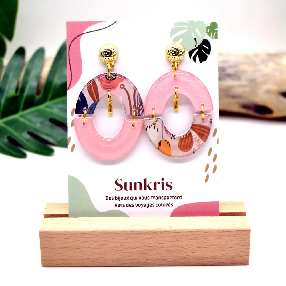 Asymmetrical resin earrings: pastel pink, brown and blue bow floral patterns